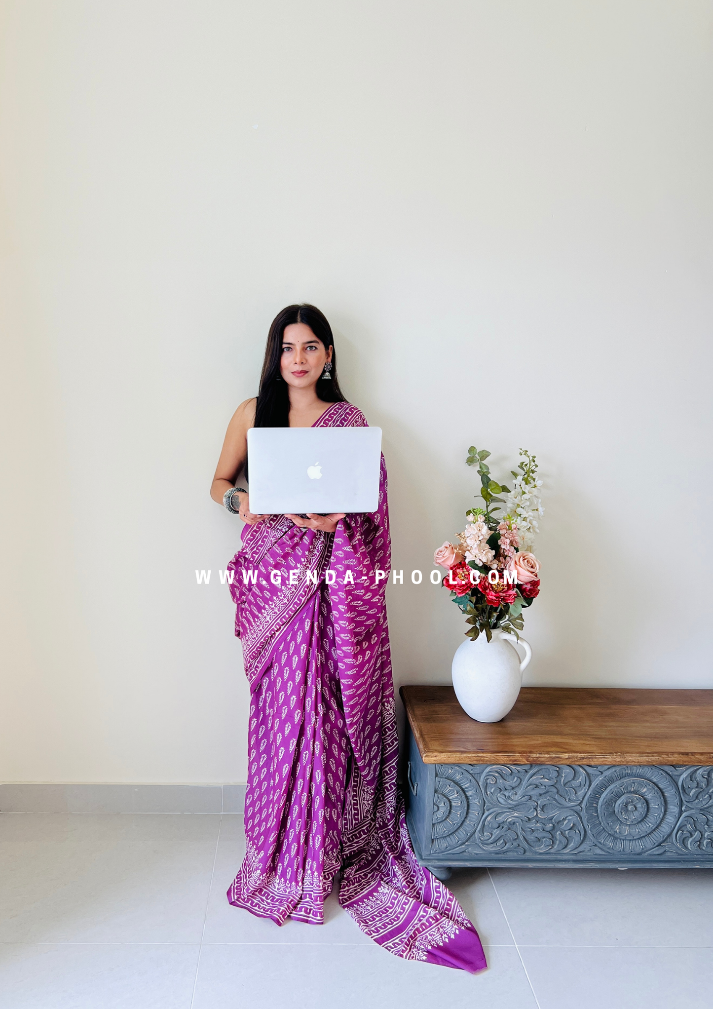 Purple Small Leaf Print Handblock Mulmul Saree