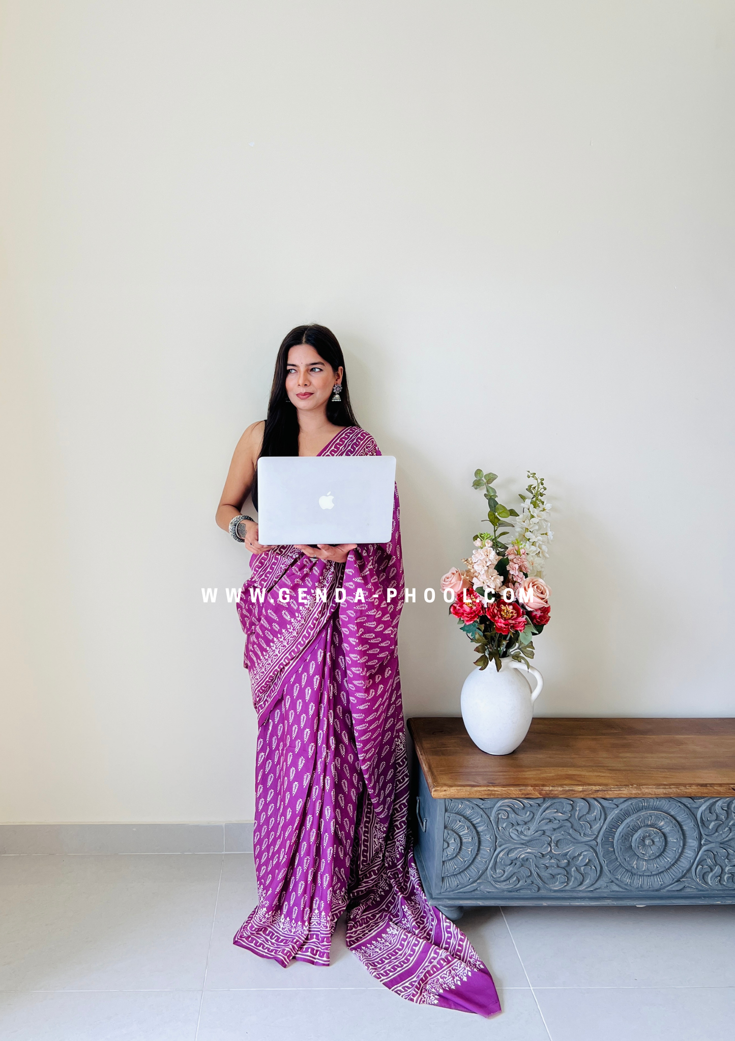 Purple Small Leaf Print Handblock Mulmul Saree