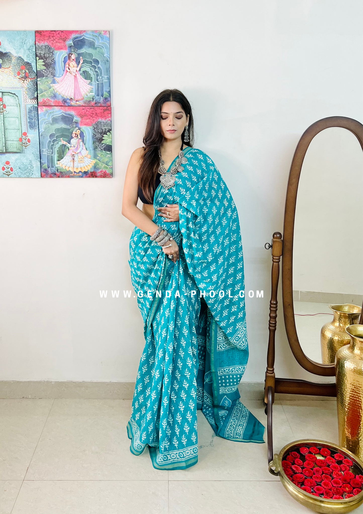 Dabu Hand-Block Chanderi Cotton Silk Saree with Zari Border