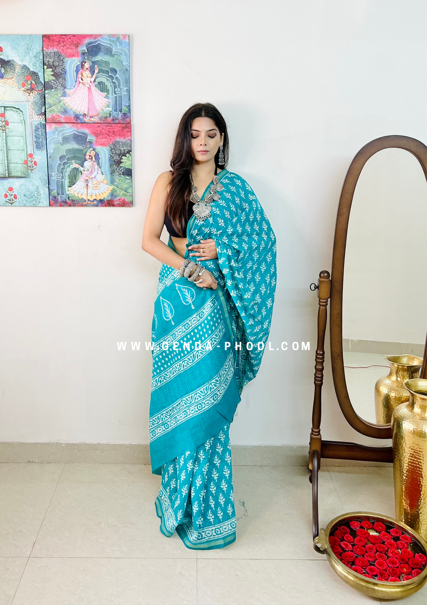 Dabu Hand-Block Chanderi Cotton Silk Saree with Zari Border