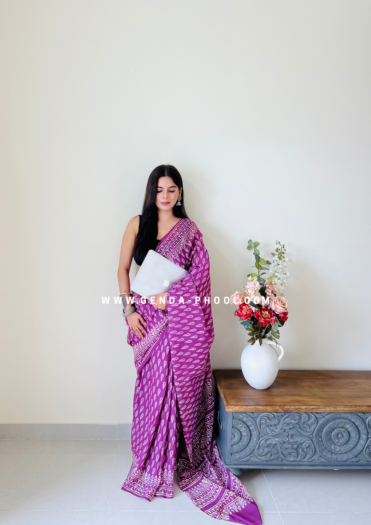 Purple Small Leaf Print Handblock Mulmul Saree