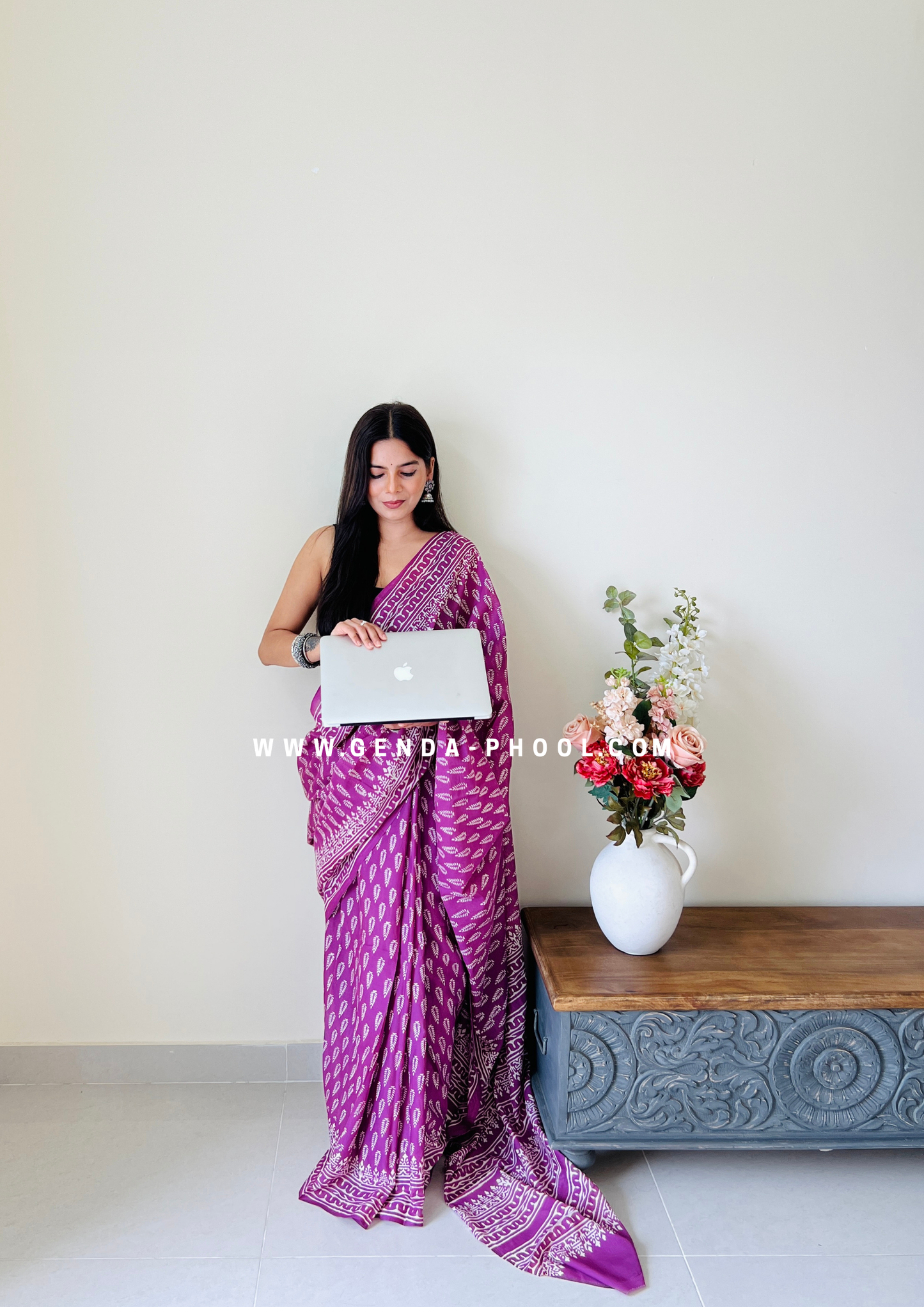 Purple Small Leaf Print Handblock Mulmul Saree