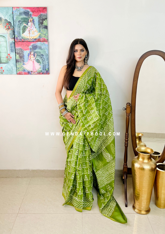 Handloom Dabu Handblock Printed Chanderi Silk Cotton Saree with Zari Border