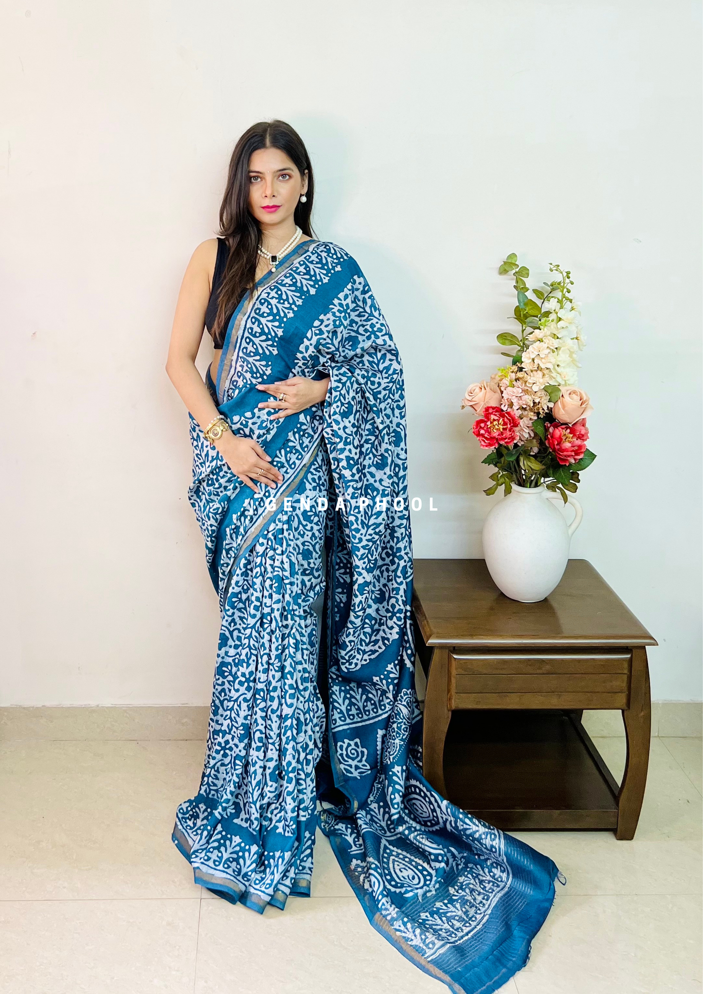 Handloom Handblock Printed Chanderi Silk Cotton Saree with Zari Border