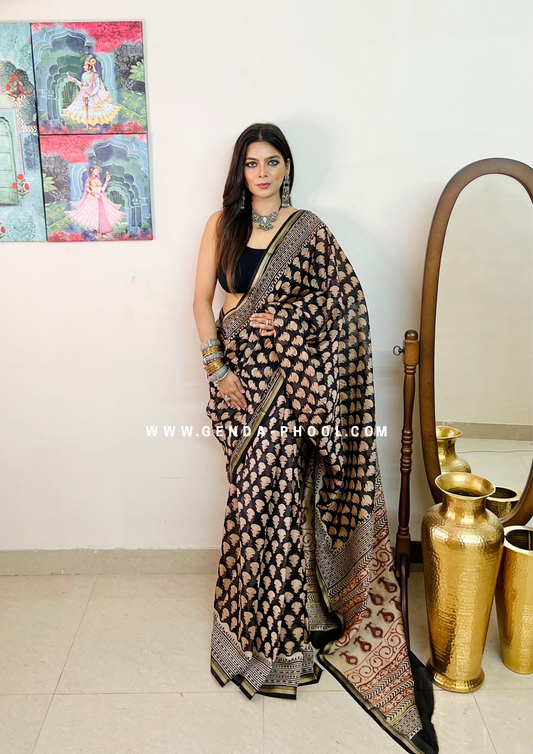 Handloom Dabu Handblock Printed Chanderi Silk Cotton Saree with Zari Border