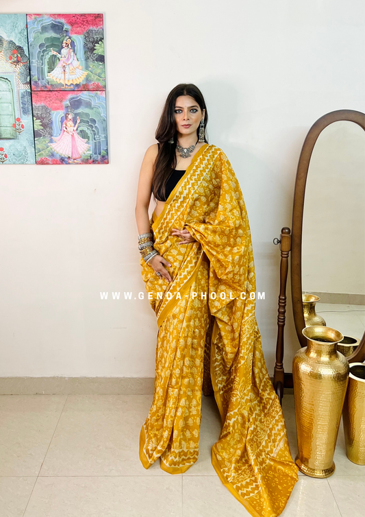 Handloom Dabu Handblock Printed Chanderi Silk Cotton Saree with Zari Border