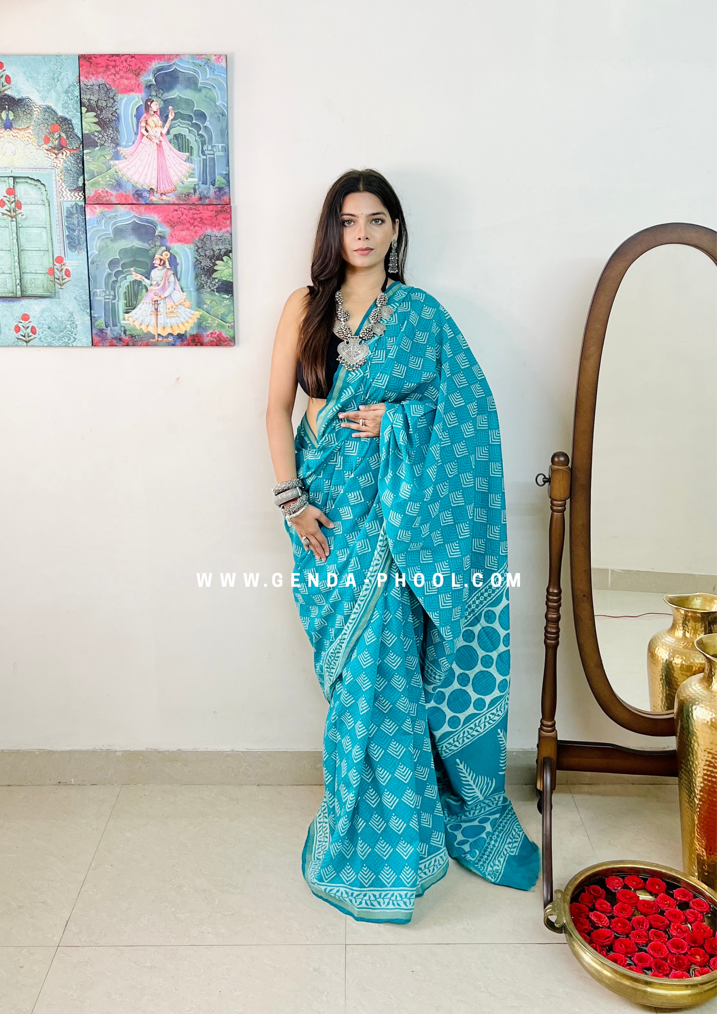 Dabu Hand-Block Chanderi Cotton Silk Saree with Zari Border