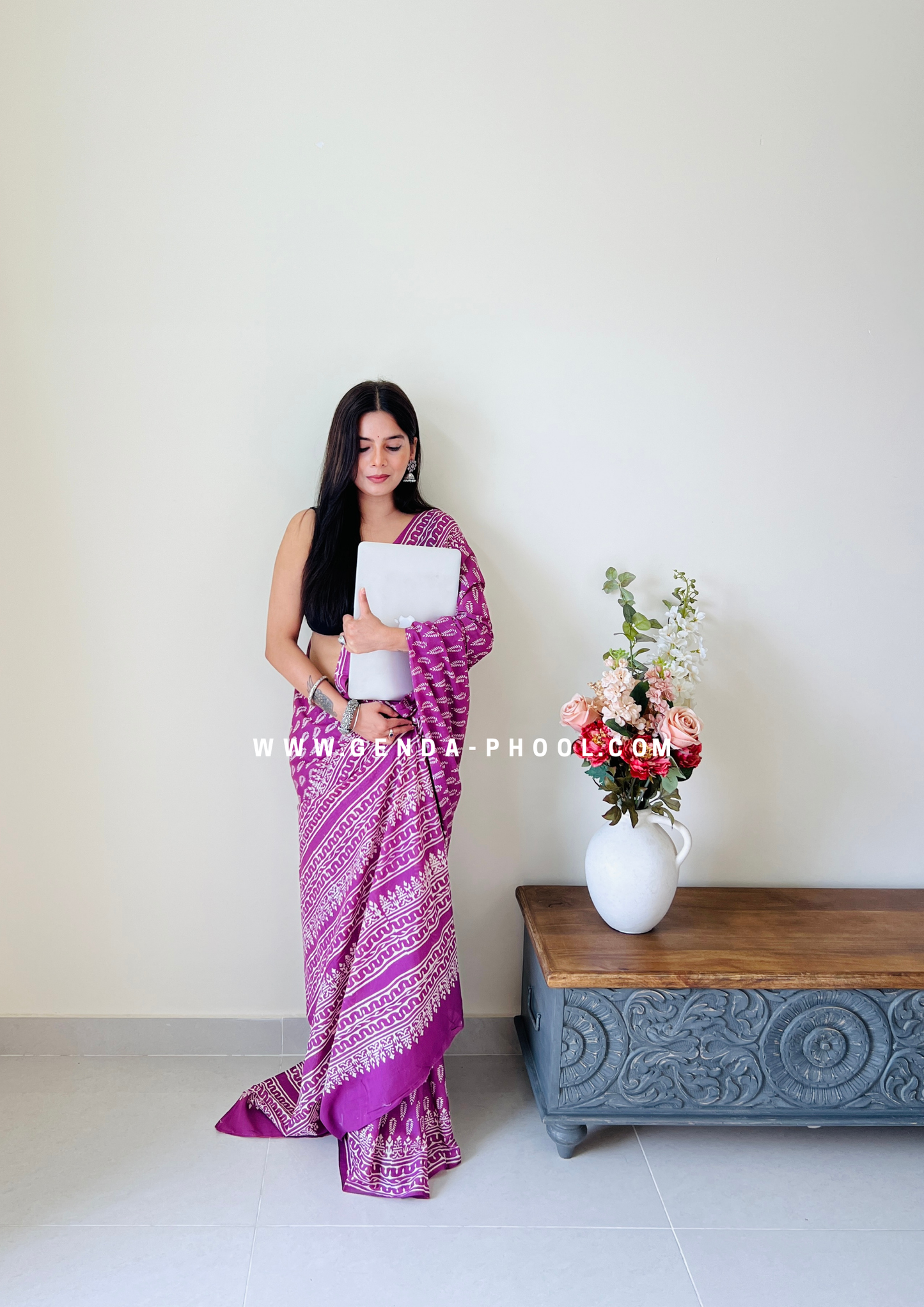 Purple Small Leaf Print Handblock Mulmul Saree