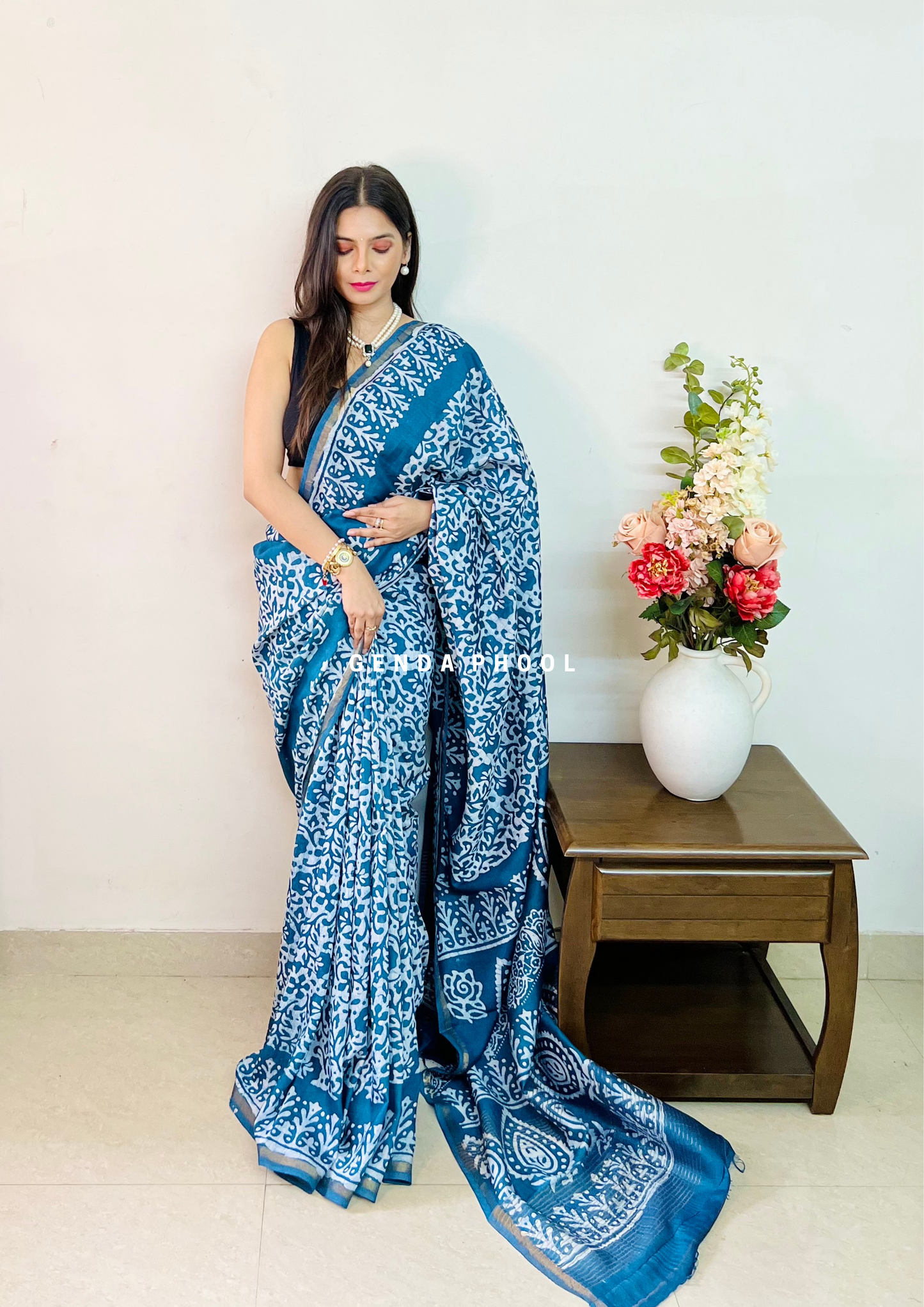 Handloom Handblock Printed Chanderi Silk Cotton Saree with Zari Border