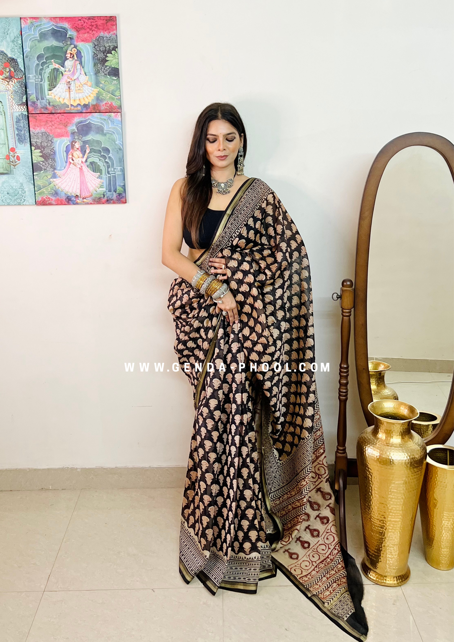 Handloom Dabu Handblock Printed Chanderi Silk Cotton Saree with Zari Border