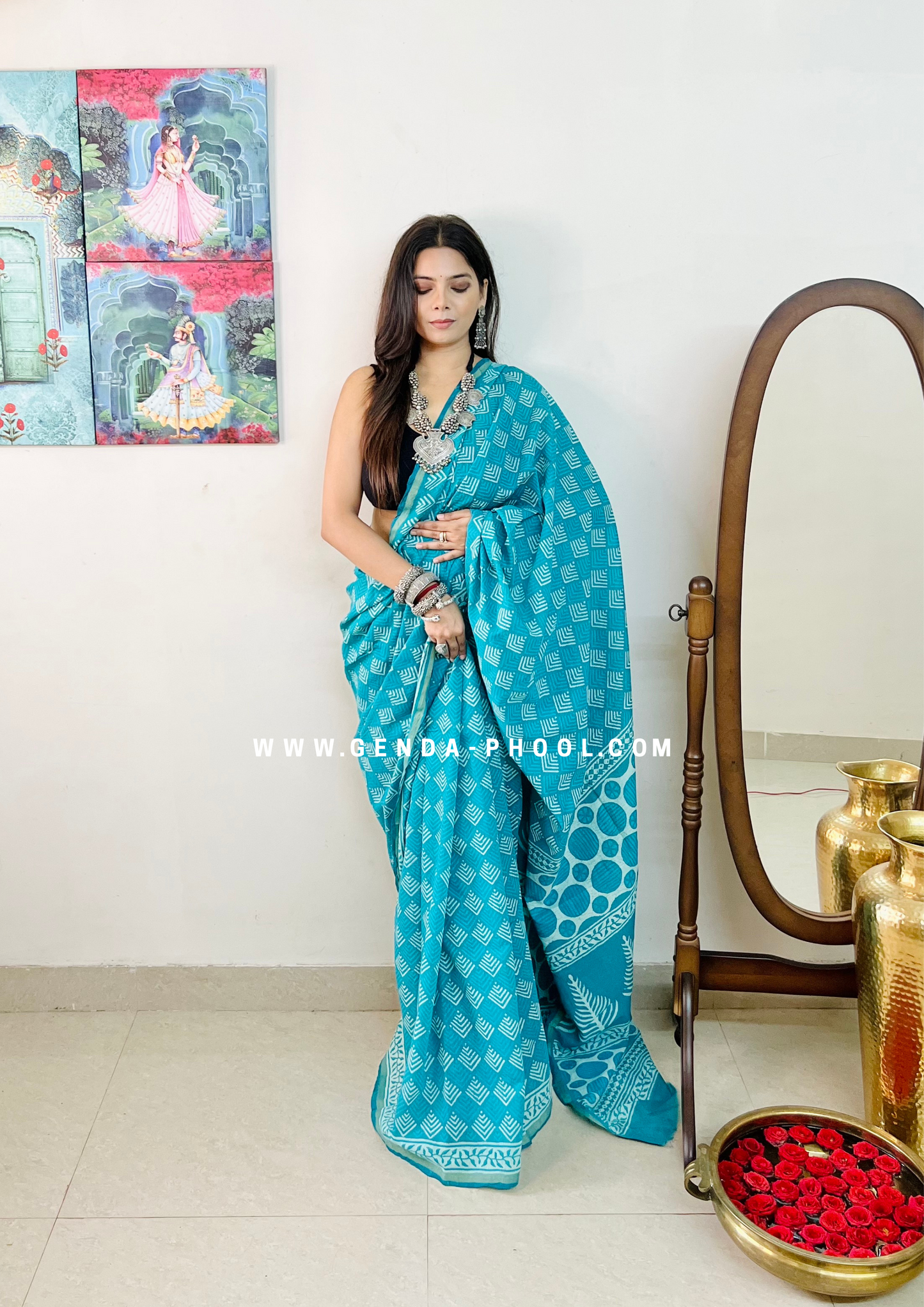 Dabu Hand-Block Chanderi Cotton Silk Saree with Zari Border