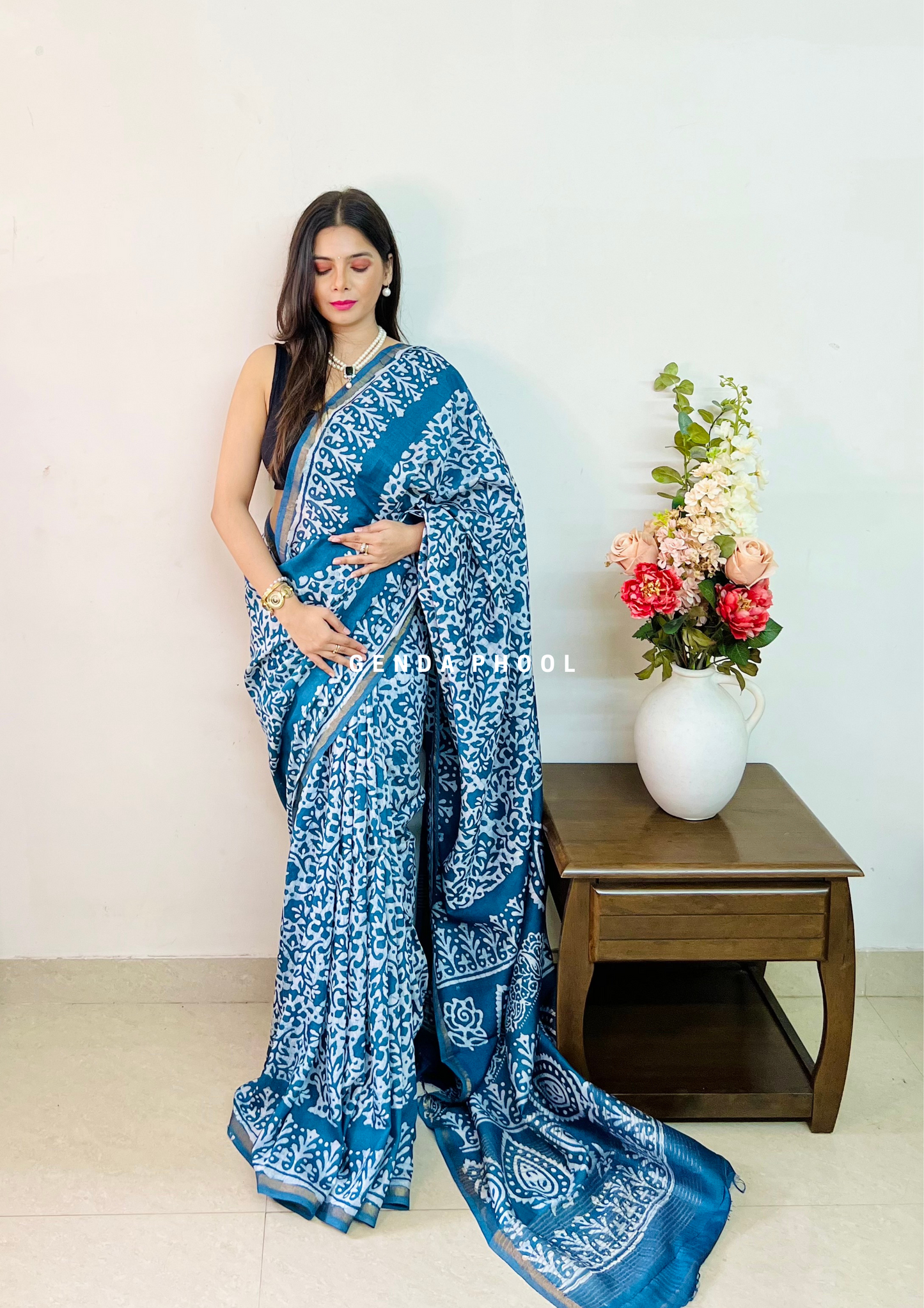 Handloom Handblock Printed Chanderi Silk Cotton Saree with Zari Border