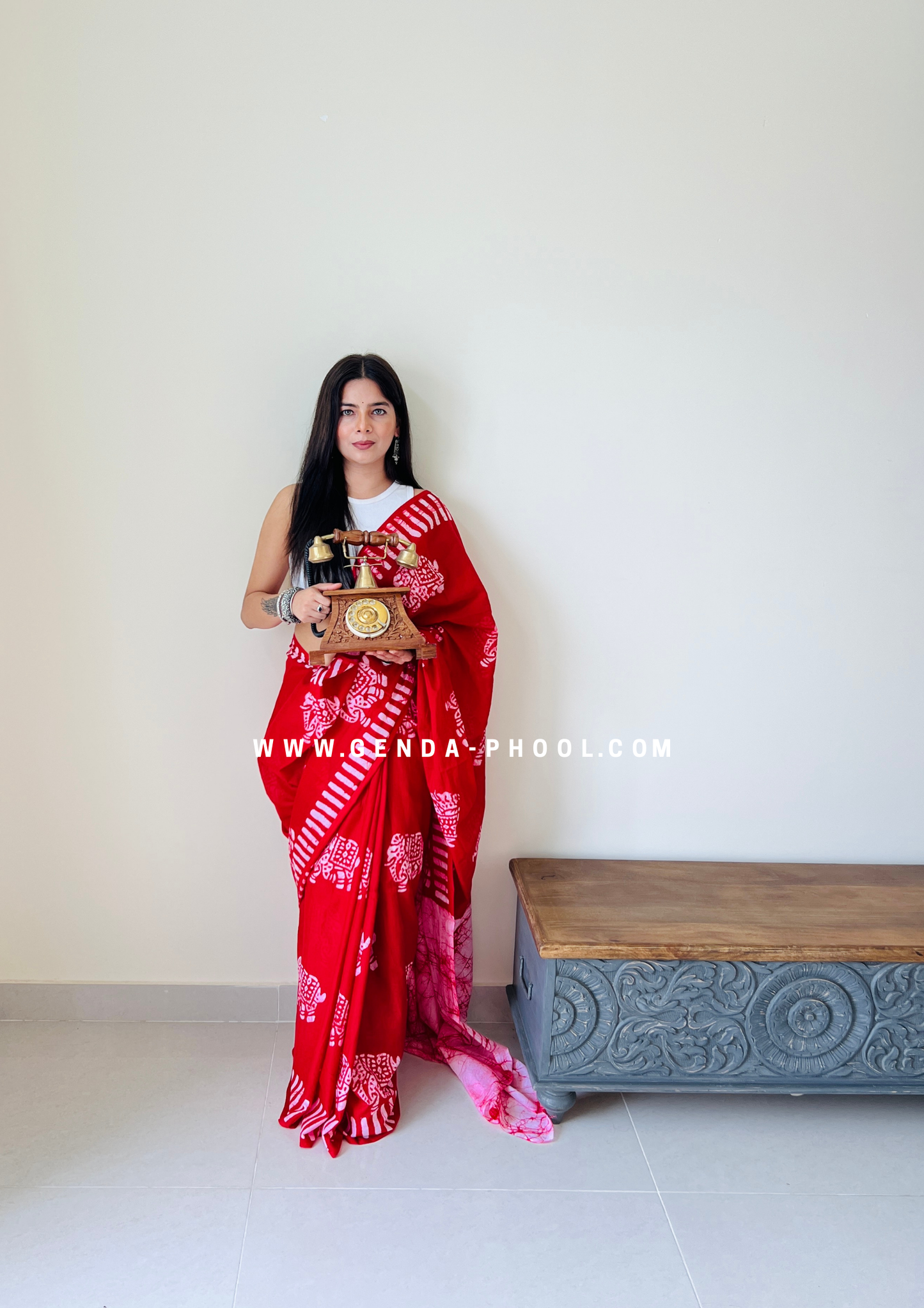 Red Elephant Print Handblock Mulmul Saree