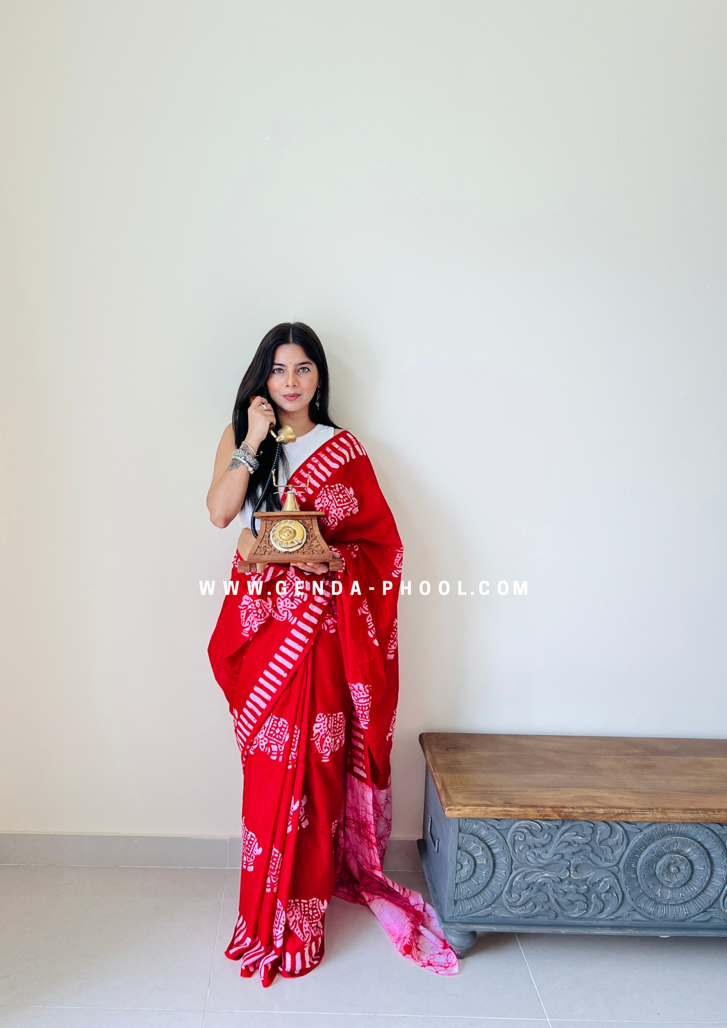 Red Elephant Print Handblock Mulmul Saree