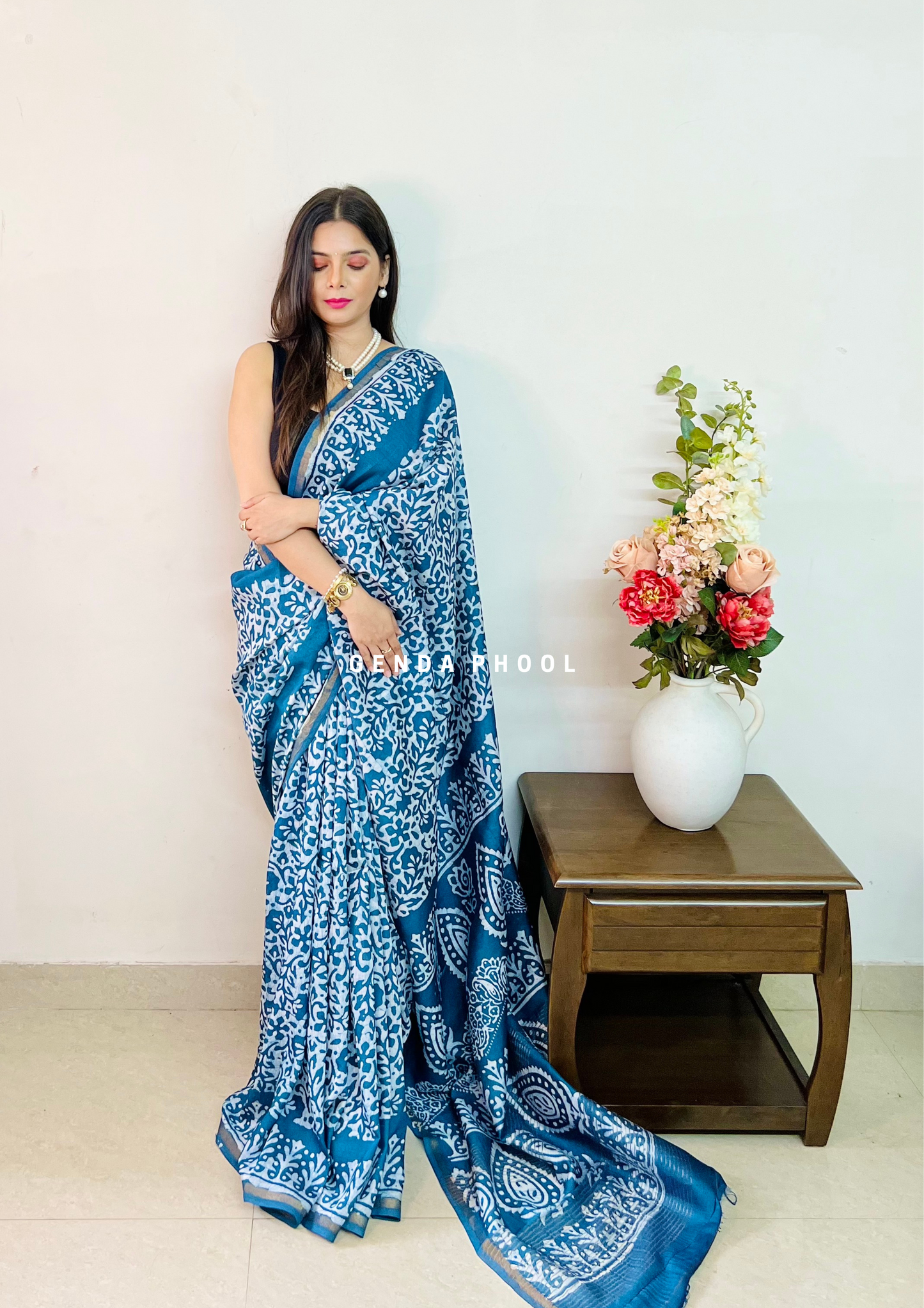 Handloom Handblock Printed Chanderi Silk Cotton Saree with Zari Border