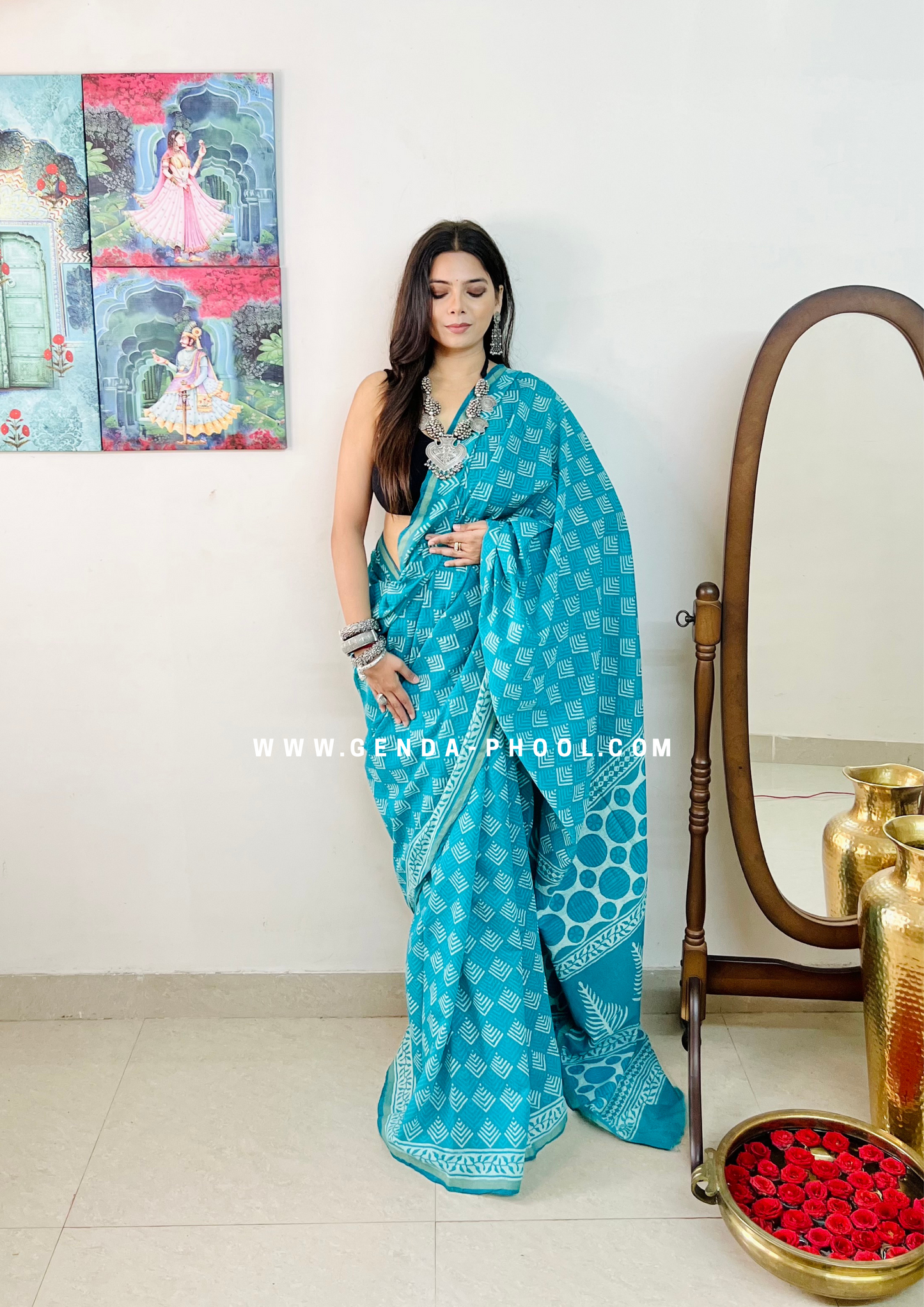 Dabu Hand-Block Chanderi Cotton Silk Saree with Zari Border