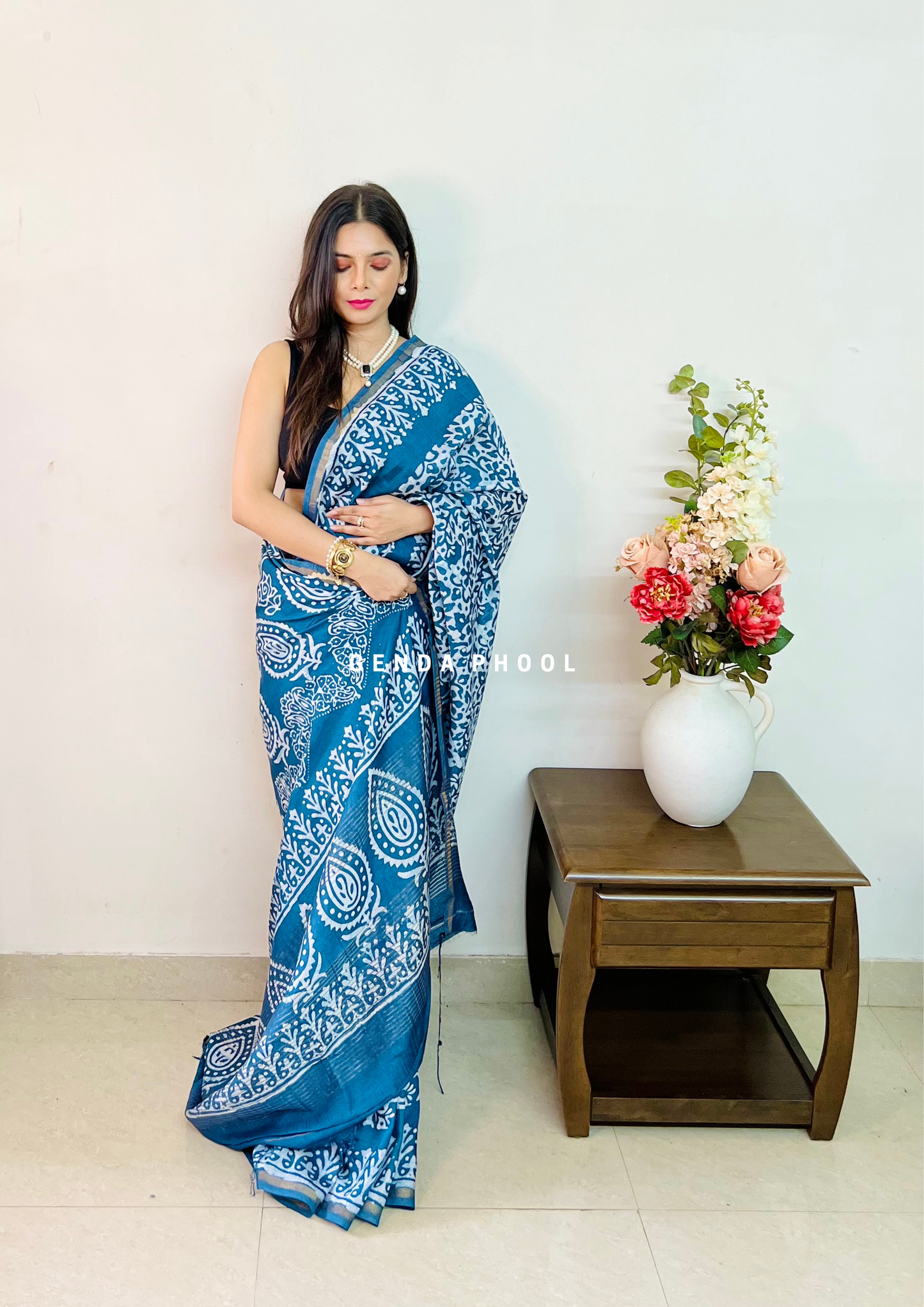 Handloom Handblock Printed Chanderi Silk Cotton Saree with Zari Border