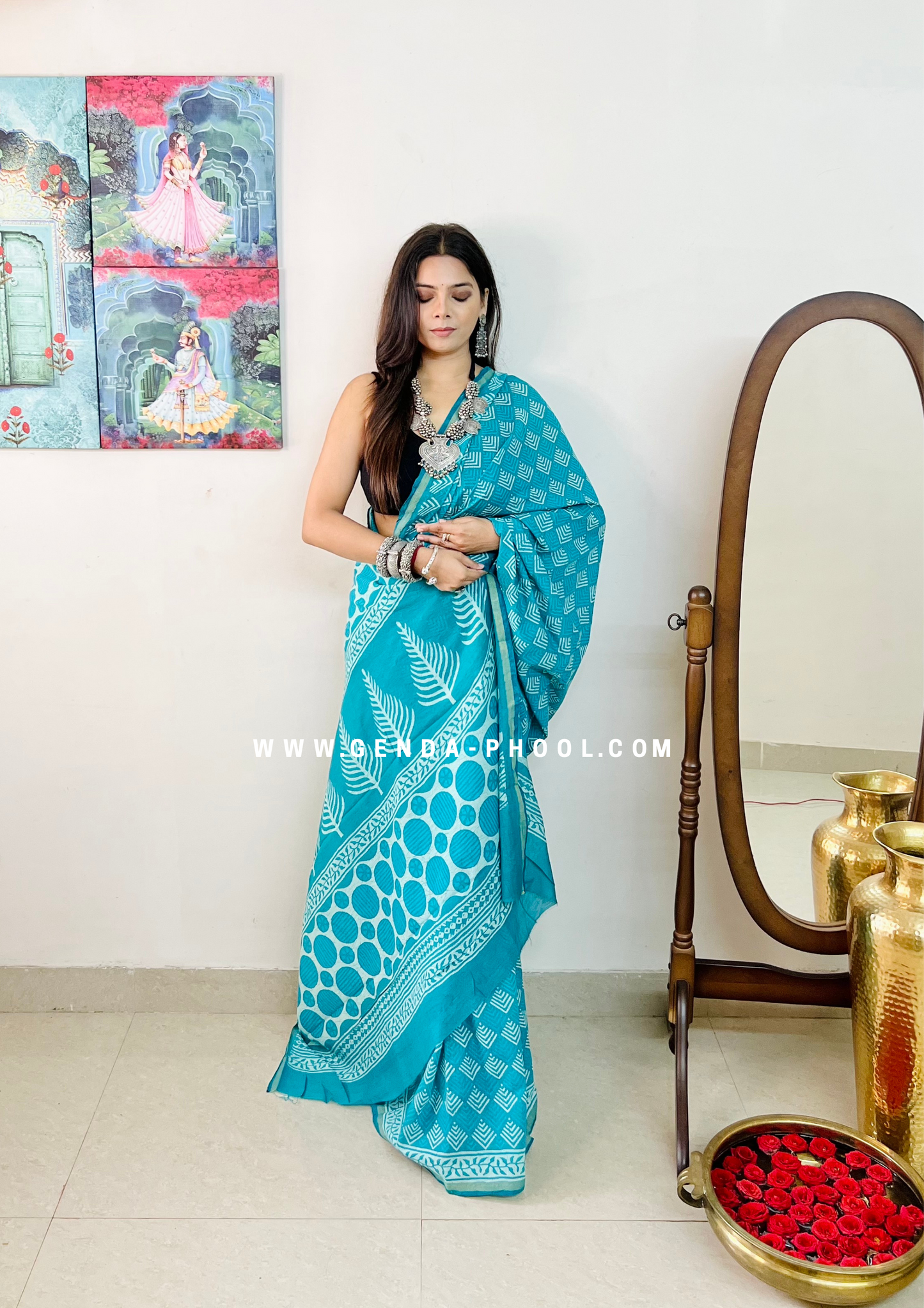 Dabu Hand-Block Chanderi Cotton Silk Saree with Zari Border