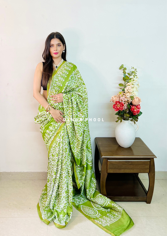 Handloom Handblock Printed Chanderi Silk Cotton Saree with Zari Border