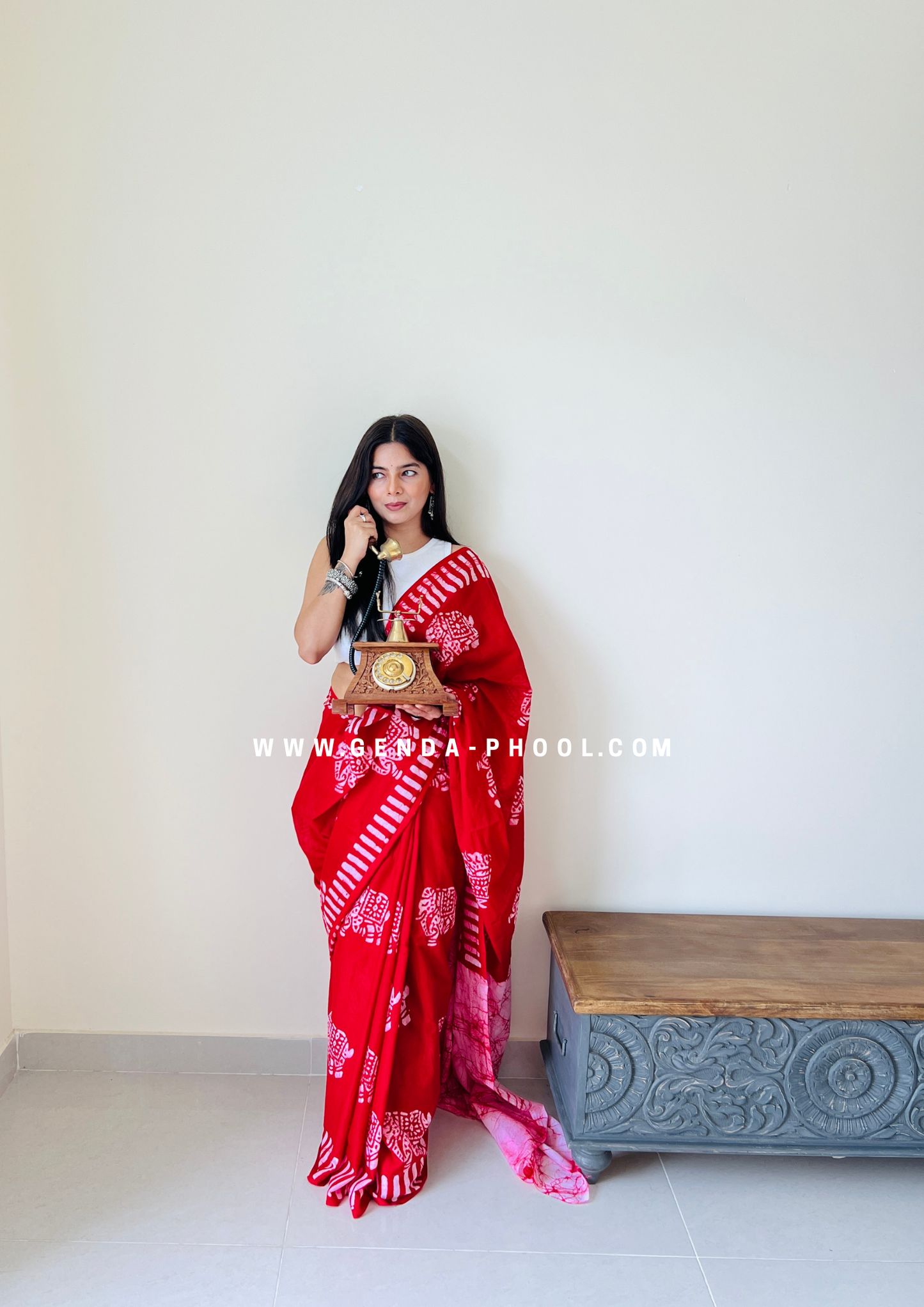 Red Elephant Print Handblock Mulmul Saree