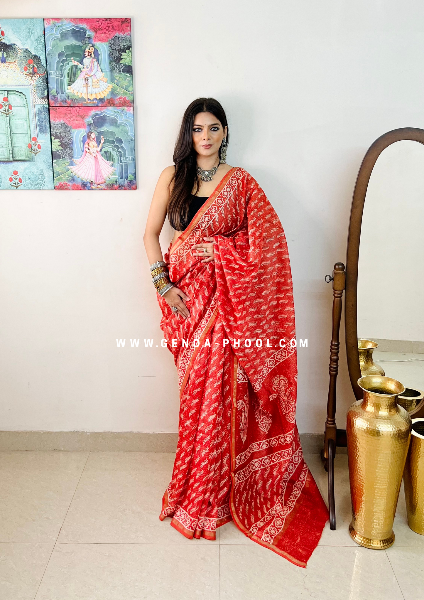 Handloom Dabu Handblock Printed Chanderi Silk Cotton Saree with Zari Border