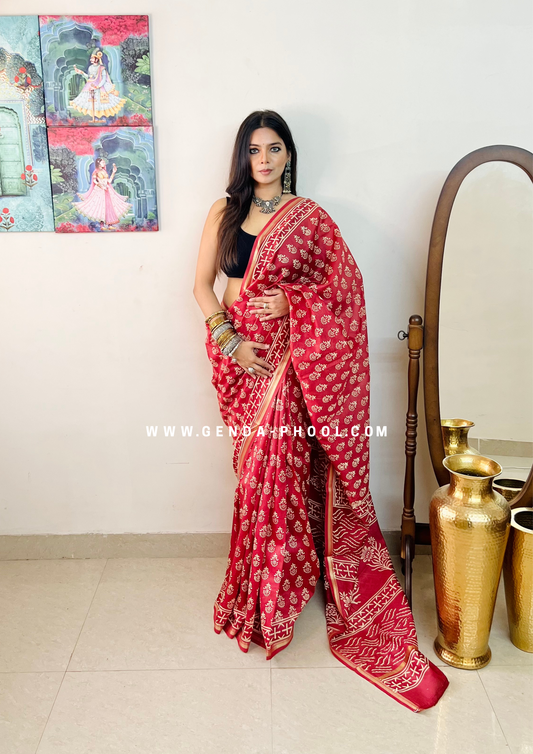 Handloom Dabu Handblock Printed Chanderi Silk Cotton Saree with Zari Border