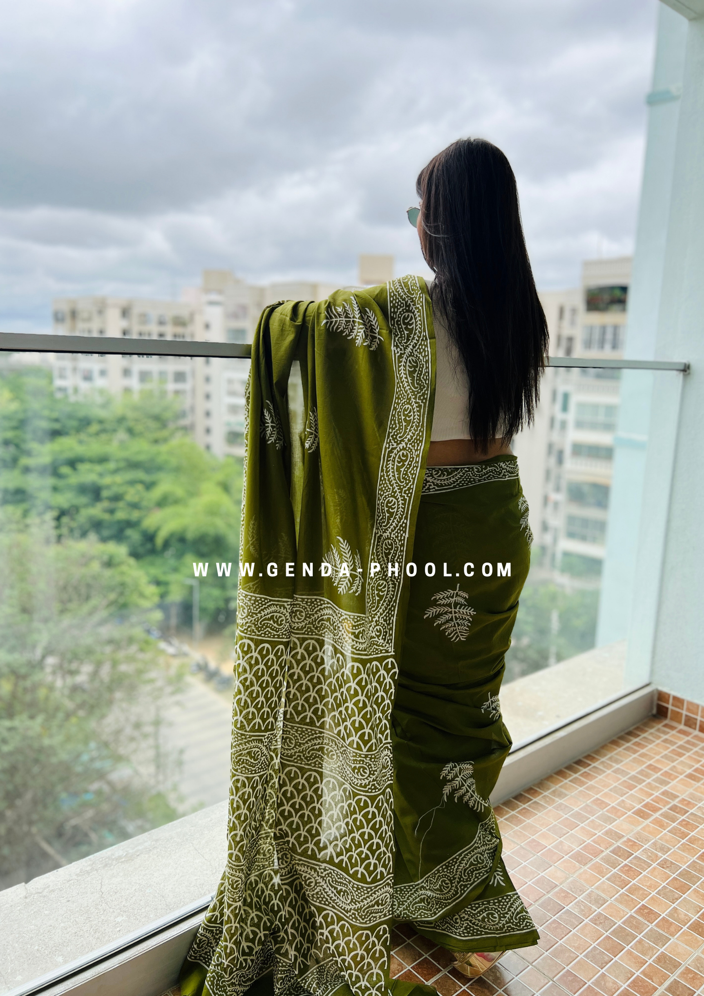 Green Leaf Print Handblock Mulmul Saree