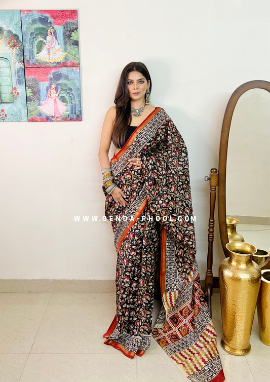 Handloom Kalamkari Handblock Printed Chanderi Silk Cotton Saree with Zari Border