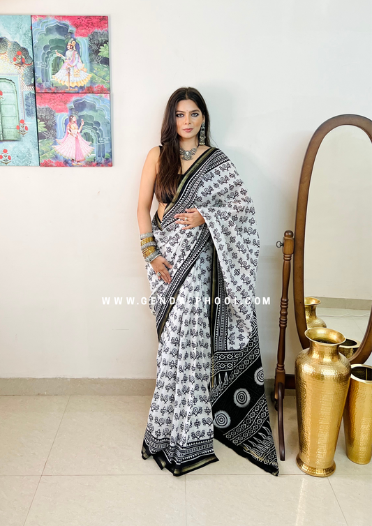 Handloom Dabu Handblock Printed Chanderi Silk Cotton Saree with Zari Border