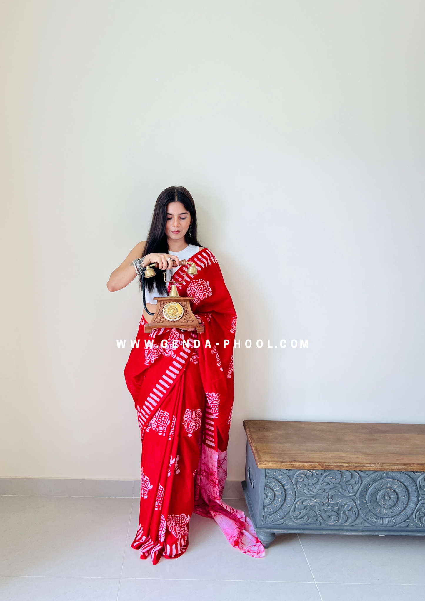 Red Elephant Print Handblock Mulmul Saree