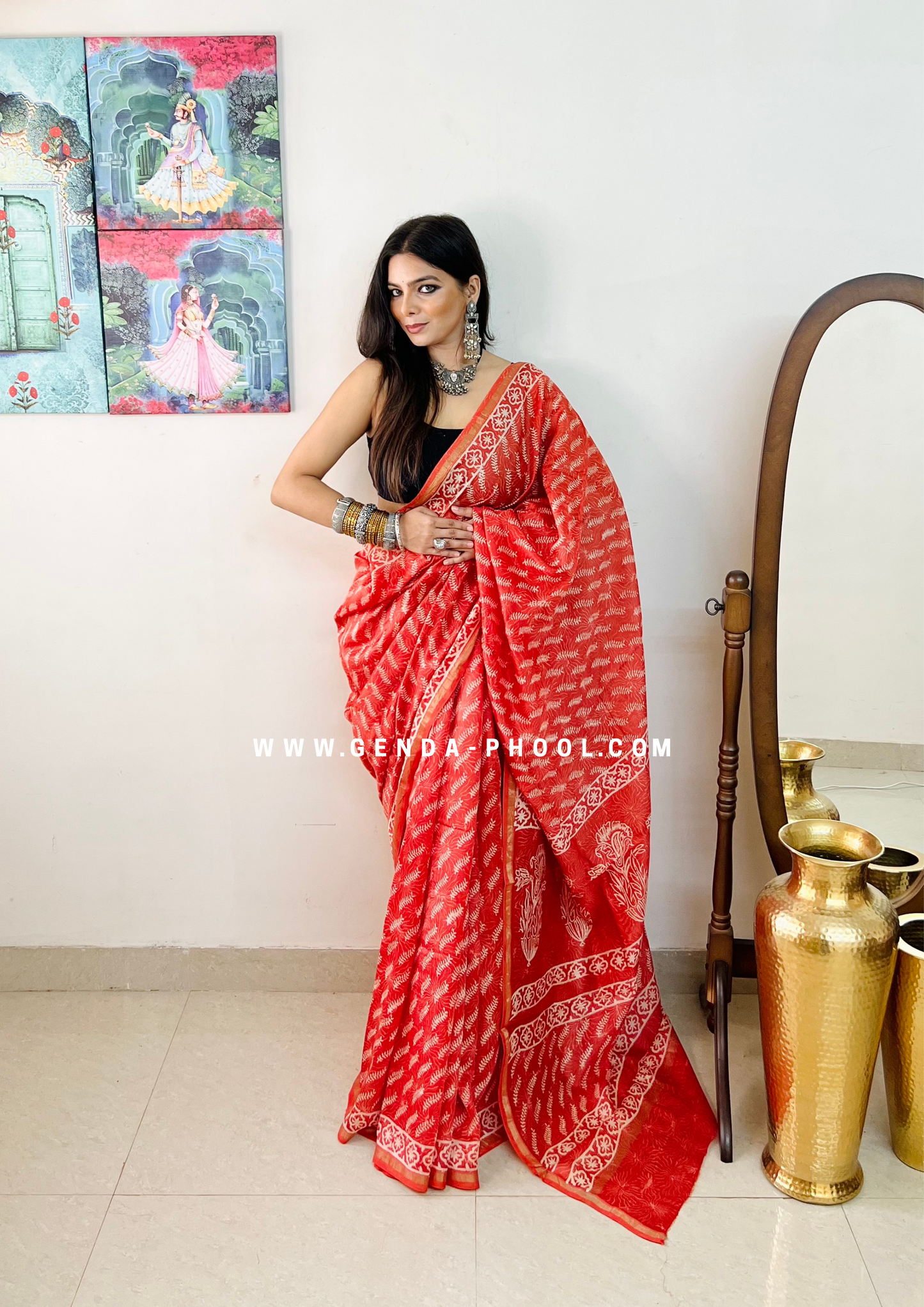 Handloom Dabu Handblock Printed Chanderi Silk Cotton Saree with Zari Border