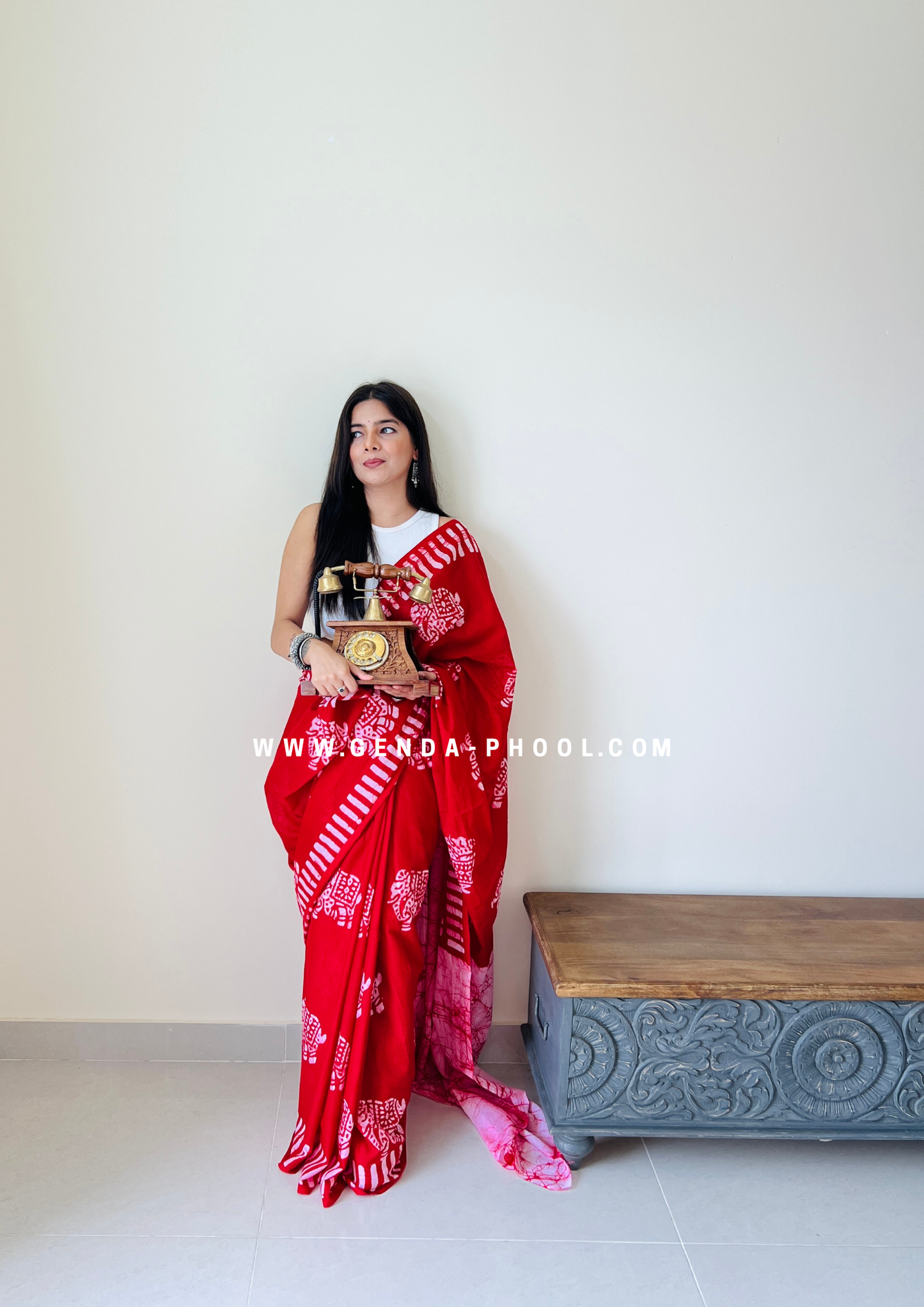 Red Elephant Print Handblock Mulmul Saree