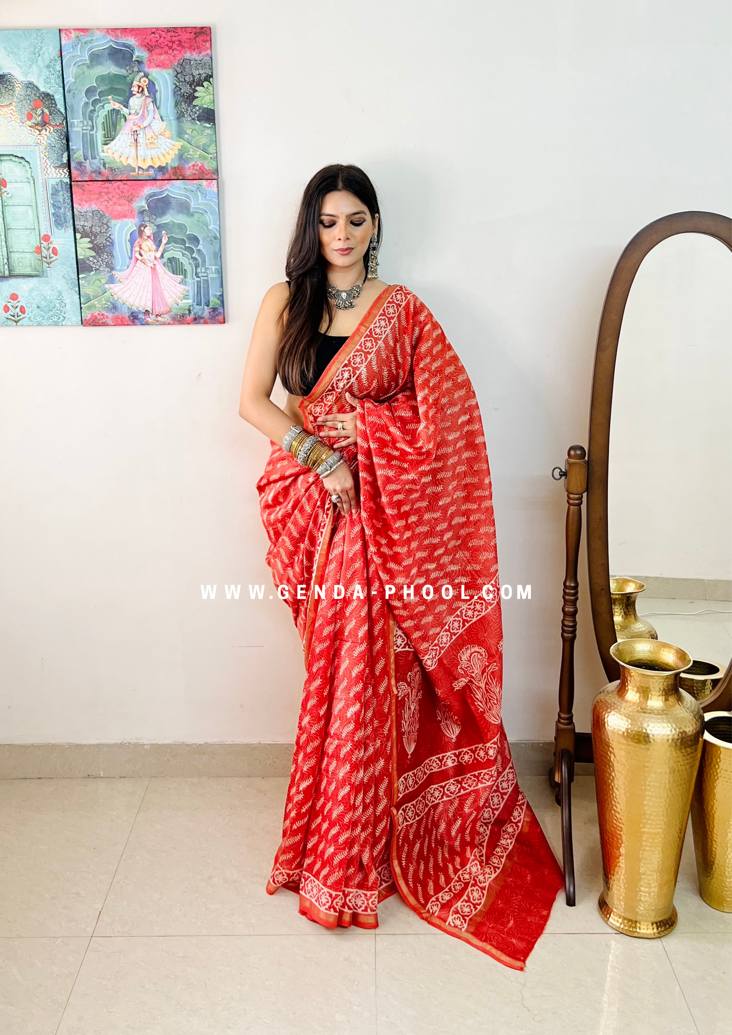 Handloom Dabu Handblock Printed Chanderi Silk Cotton Saree with Zari Border