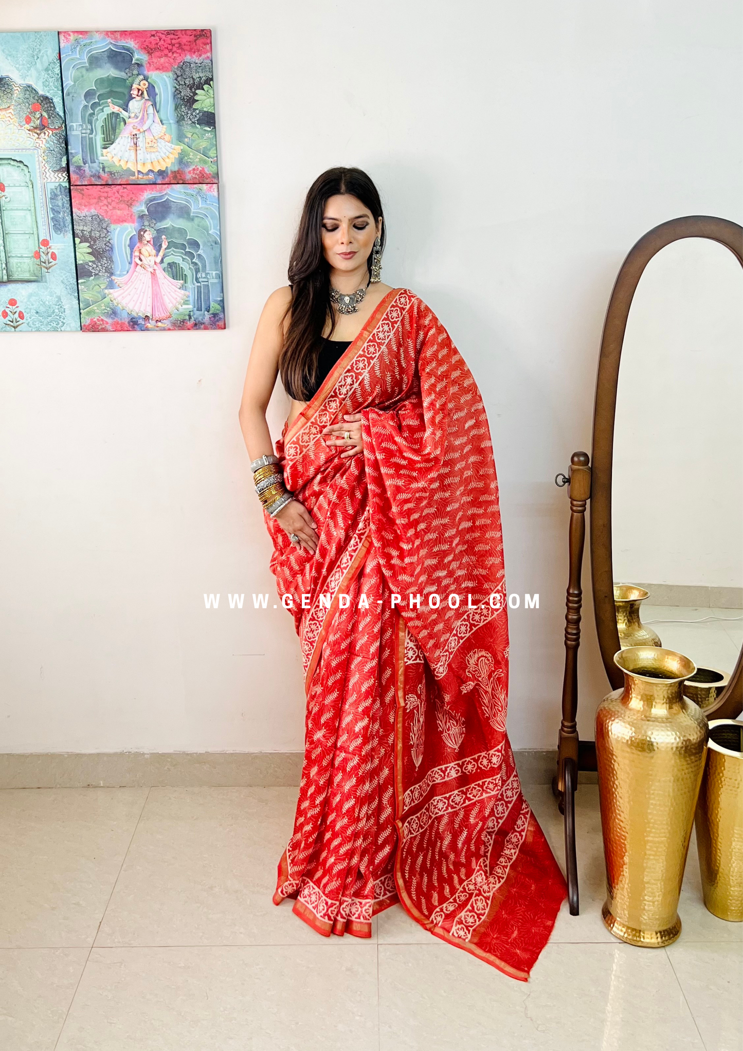 Handloom Dabu Handblock Printed Chanderi Silk Cotton Saree with Zari Border