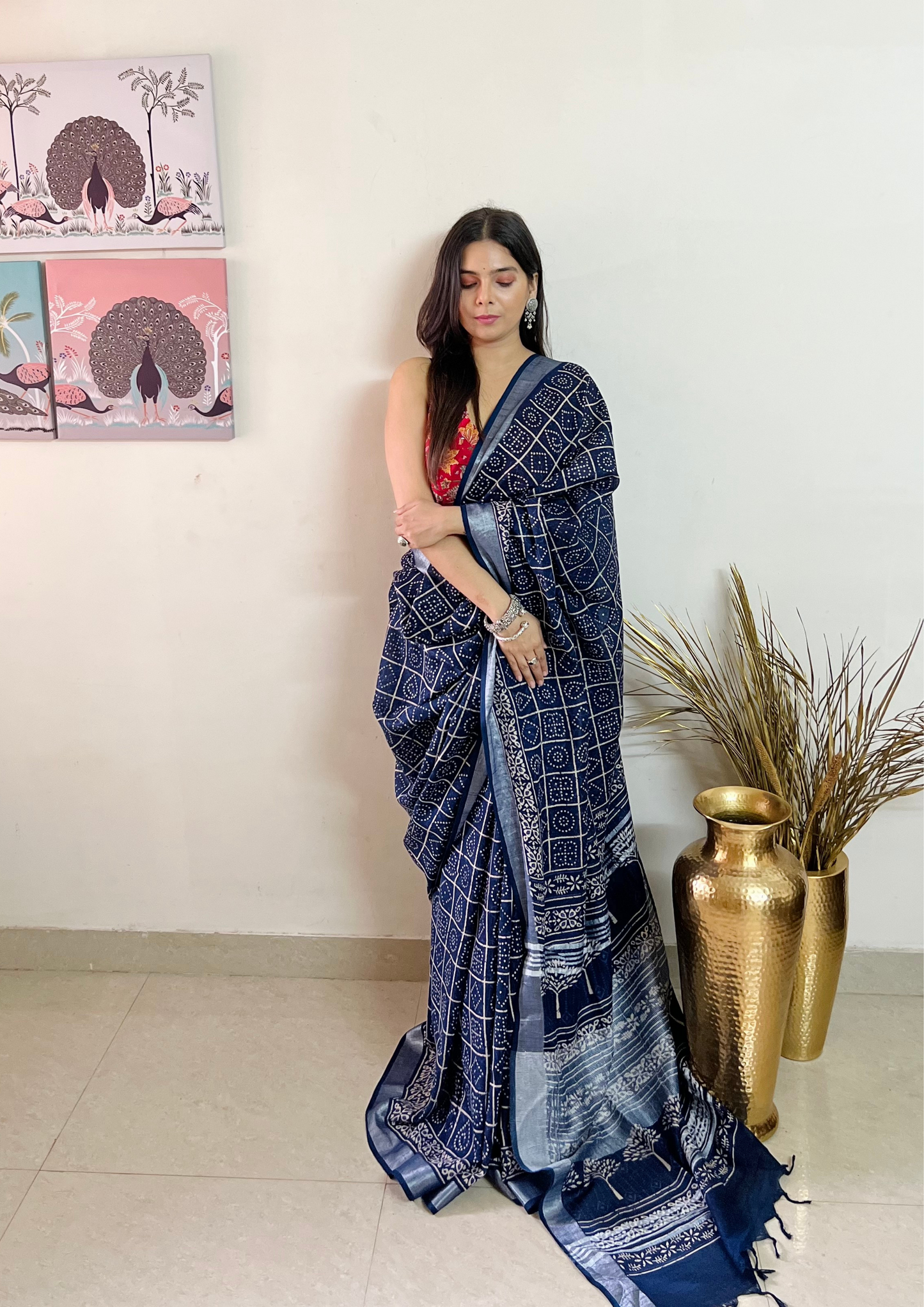 Handblock Printed Linen Cotton Saree