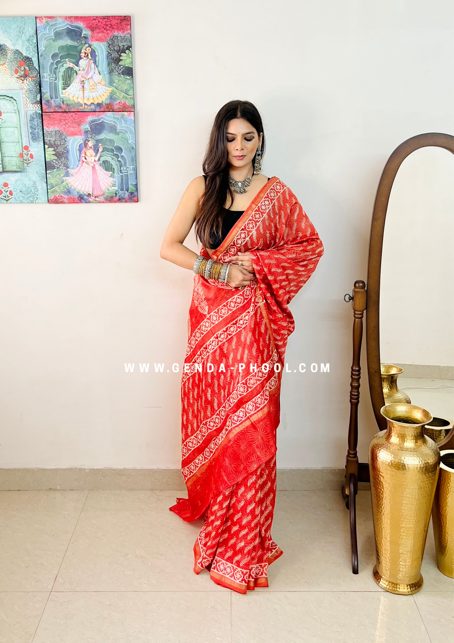 Handloom Dabu Handblock Printed Chanderi Silk Cotton Saree with Zari Border