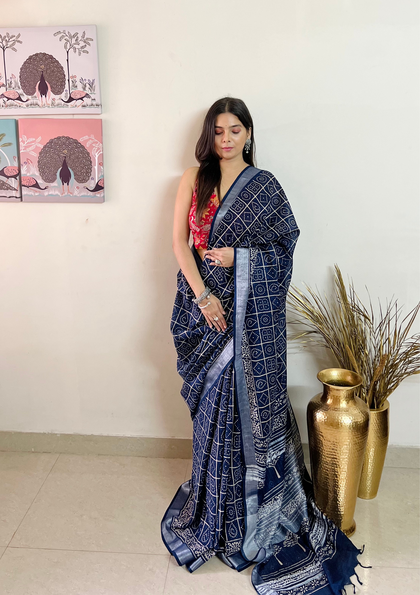 Handblock Printed Linen Cotton Saree