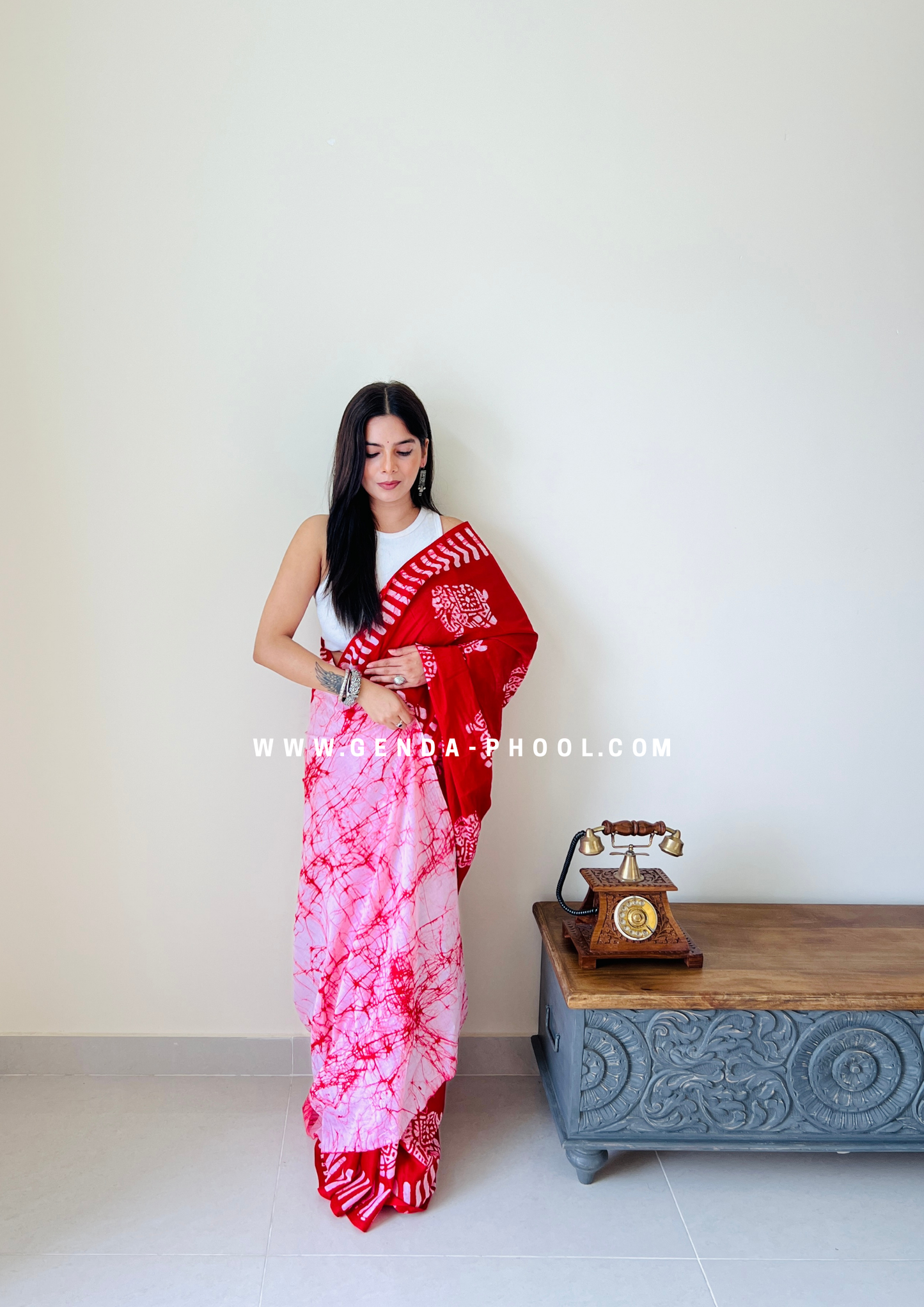 Red Elephant Print Handblock Mulmul Saree