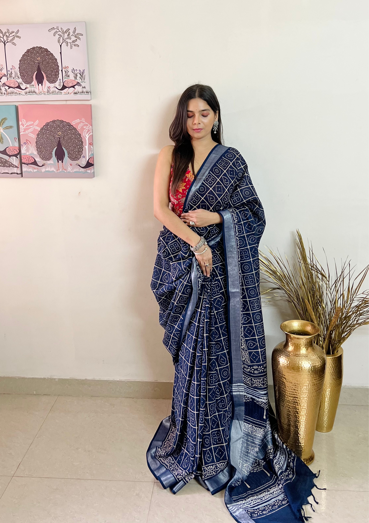 Handblock Printed Linen Cotton Saree