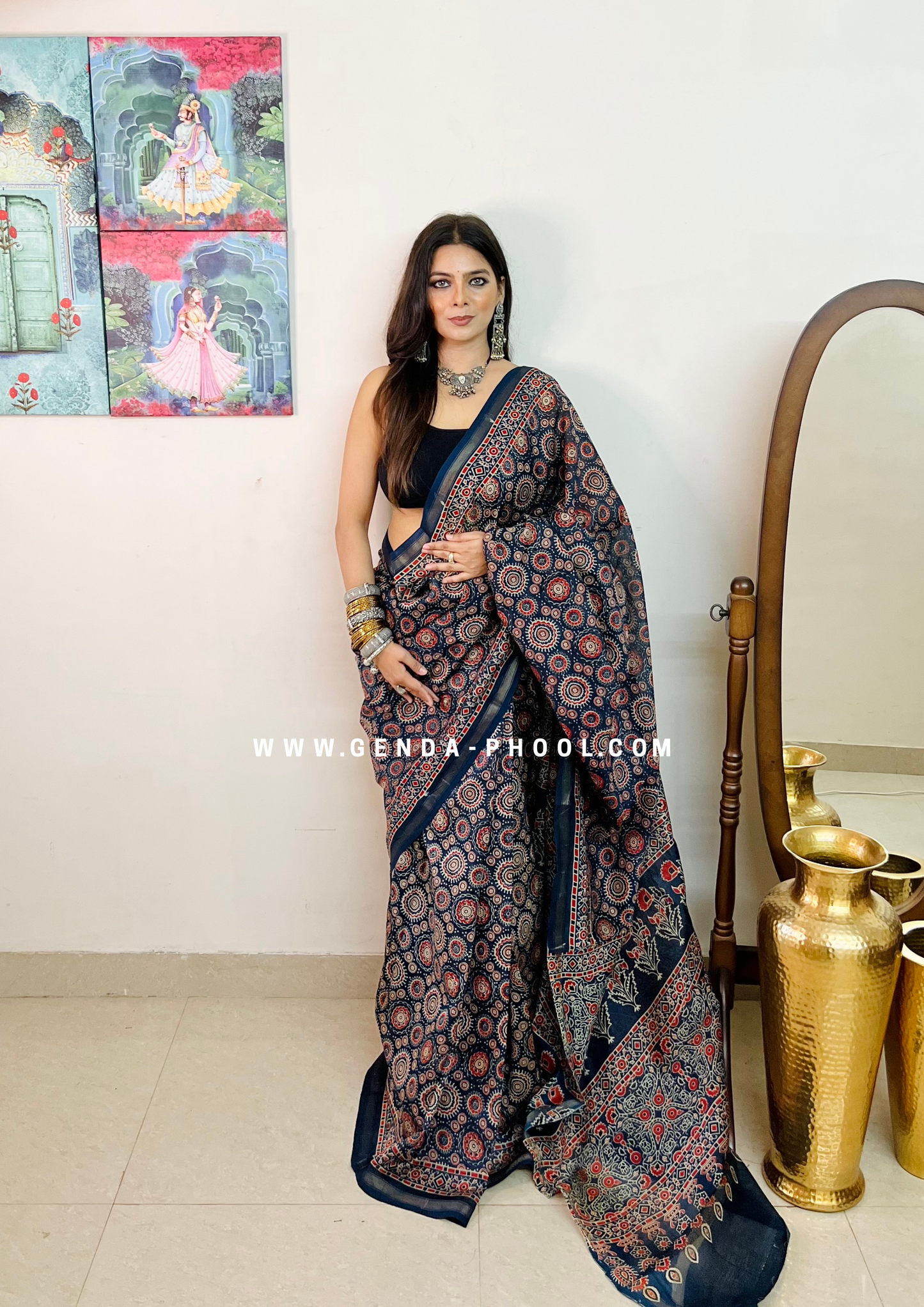 Handloom Dabu Handblock Printed Chanderi Silk Cotton Saree with Zari Border