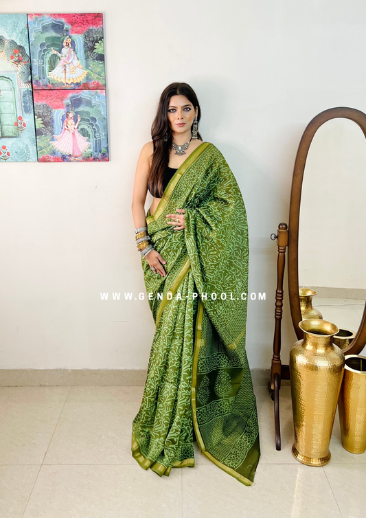 Handloom Dabu Handblock Printed Chanderi Silk Cotton Saree with Zari Border