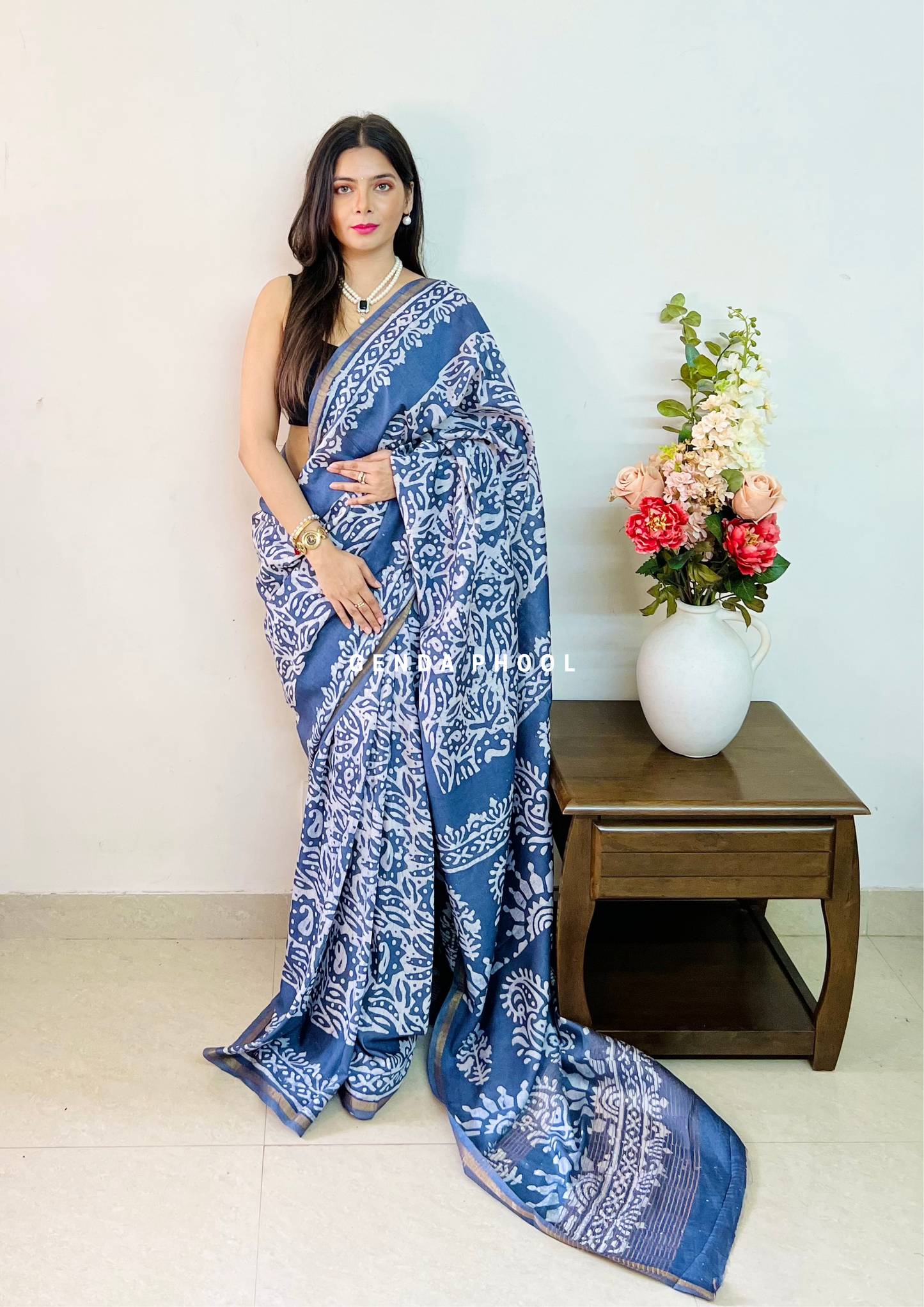 Handloom Handblock Printed Chanderi Silk Cotton Saree with Zari Border