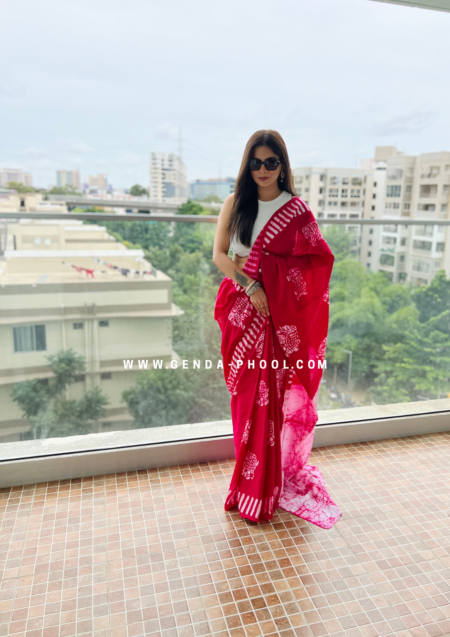 Pink Elephant Print Handblock Mulmul Saree