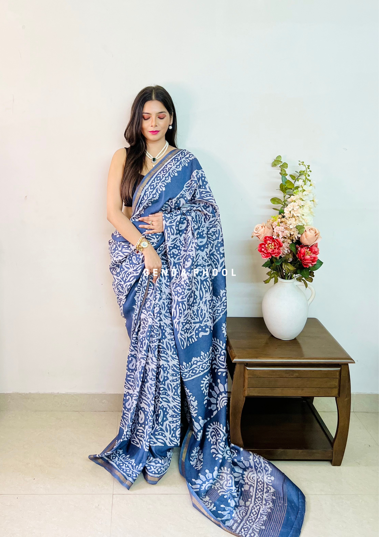 Handloom Handblock Printed Chanderi Silk Cotton Saree with Zari Border