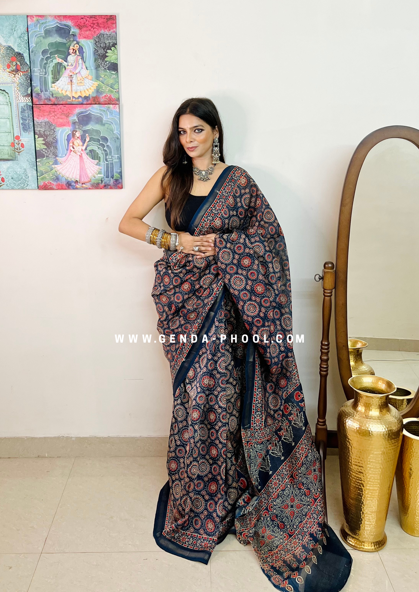 Handloom Dabu Handblock Printed Chanderi Silk Cotton Saree with Zari Border