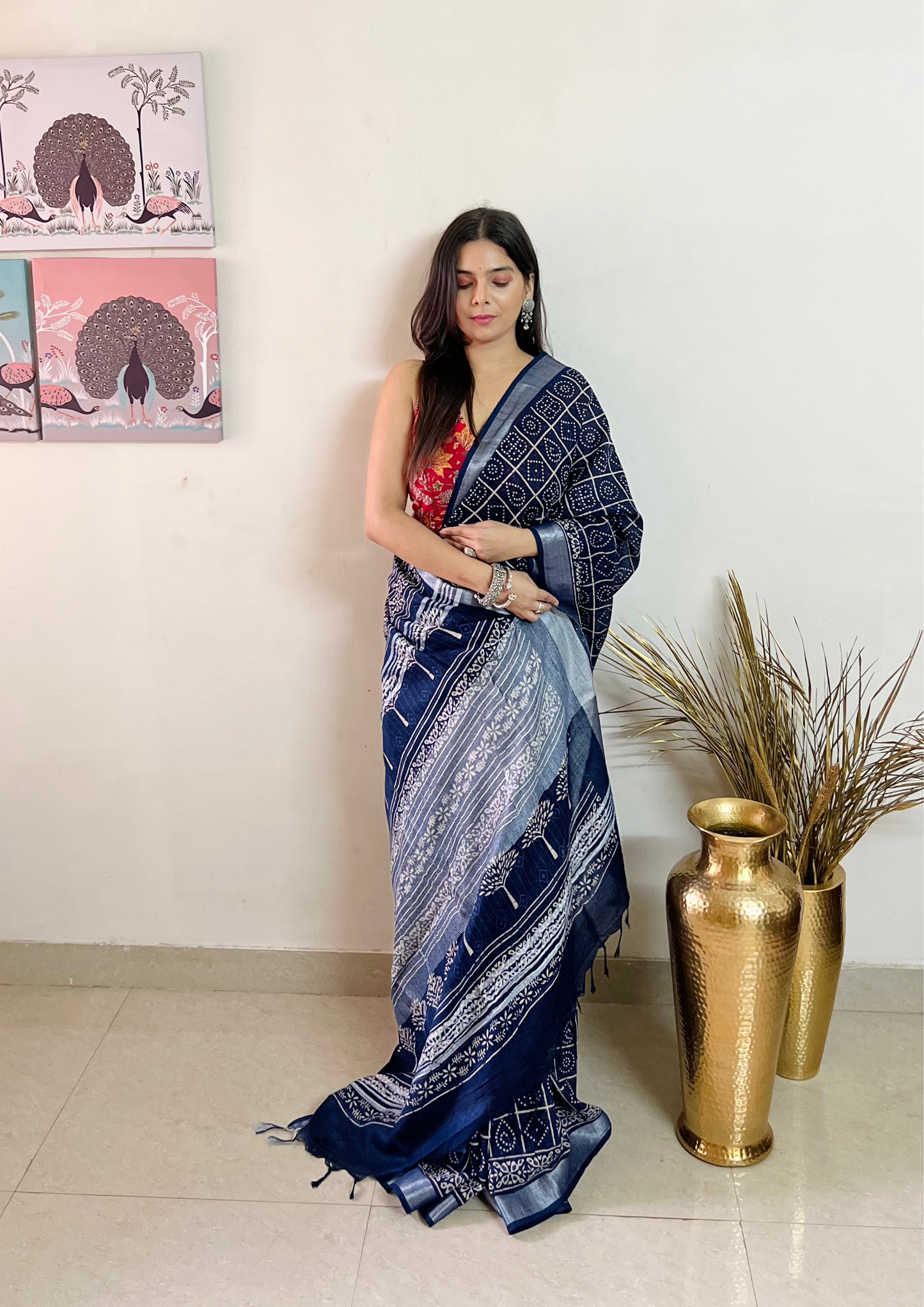 Handblock Printed Linen Cotton Saree