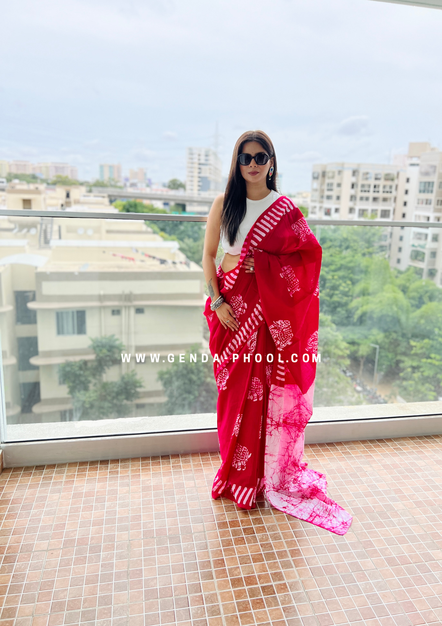 Pink Elephant Print Handblock Mulmul Saree