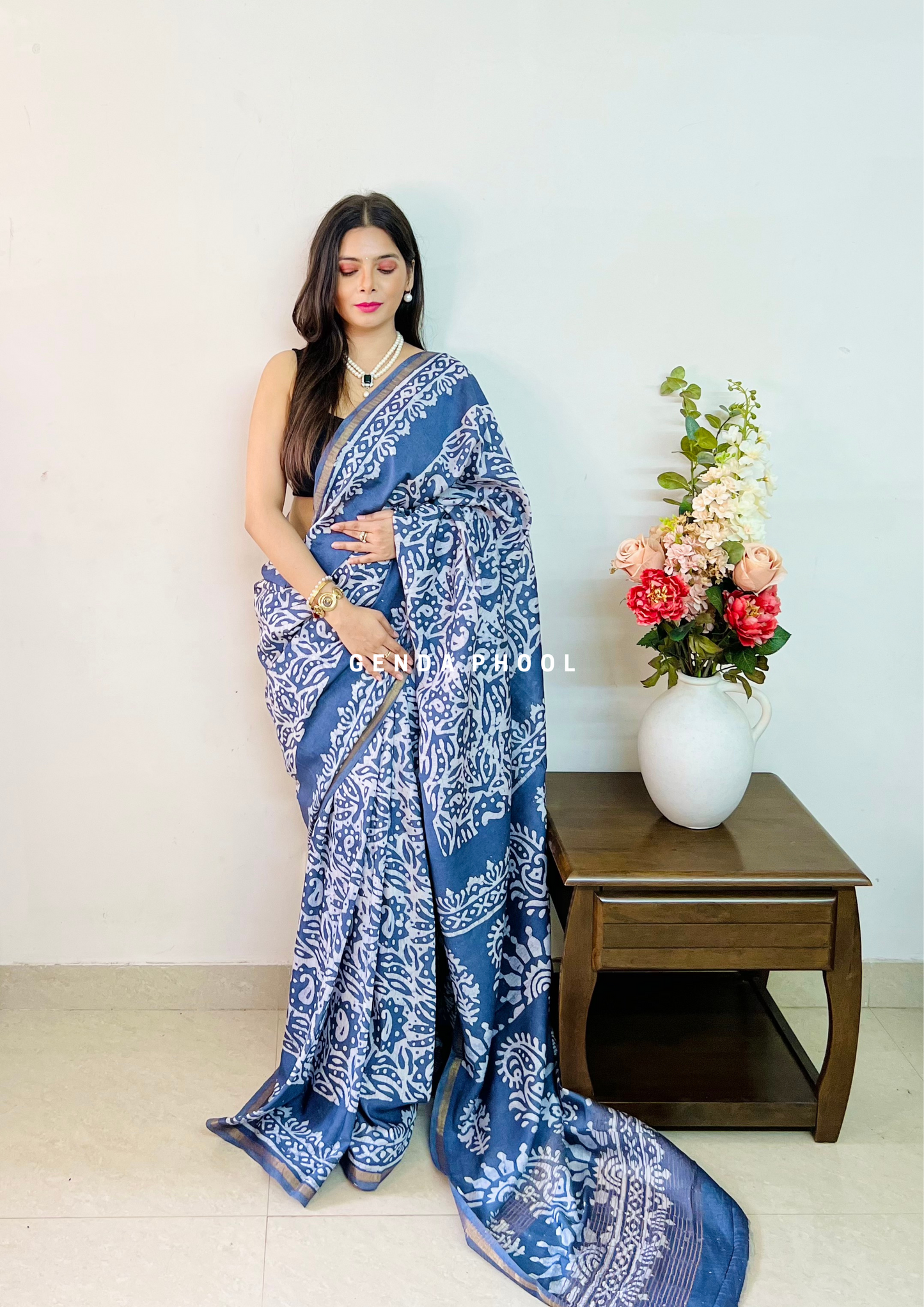 Handloom Handblock Printed Chanderi Silk Cotton Saree with Zari Border