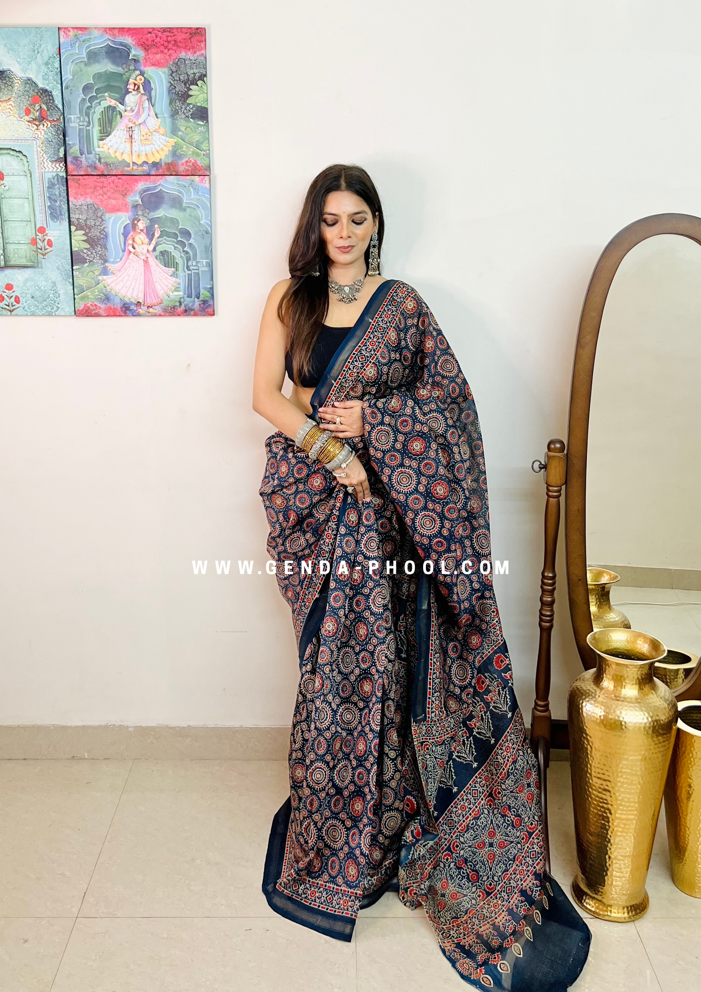 Handloom Dabu Handblock Printed Chanderi Silk Cotton Saree with Zari Border