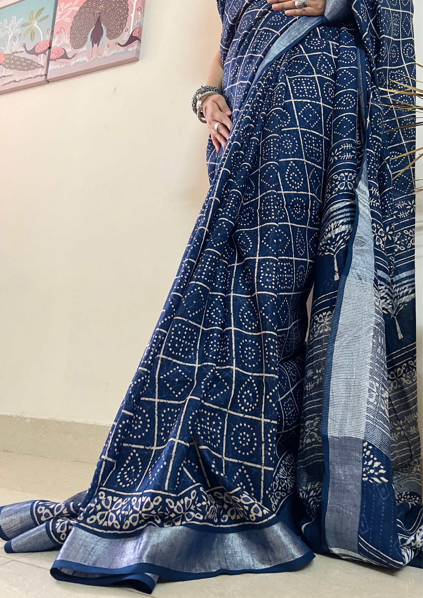 Handblock Printed Linen Cotton Saree